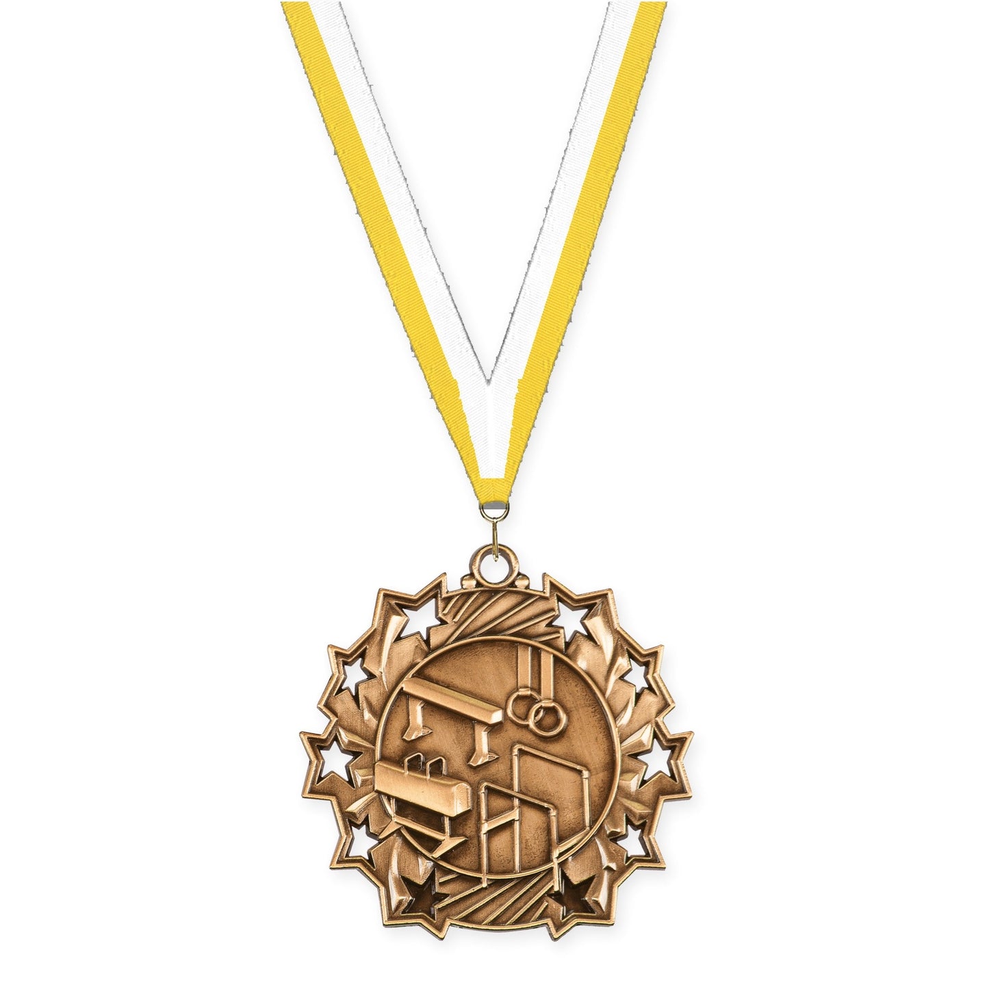 2 1/4 inch gymnastics Ten Star medal in antique bronze with Yellow White neck ribbon