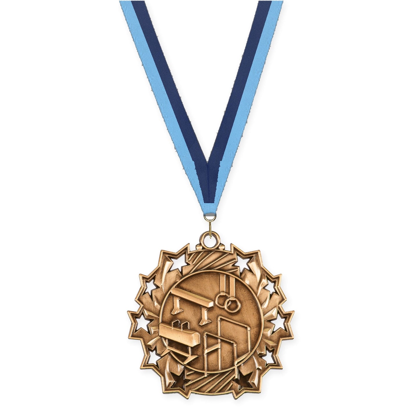 2 1/4 inch gymnastics Ten Star medal in antique bronze with Light Blue Navy neck ribbon