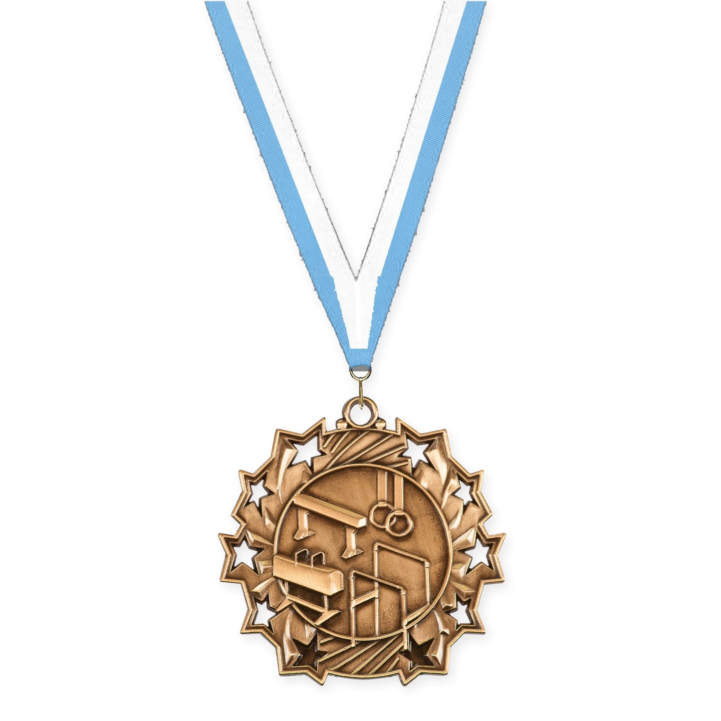 2 1/4 inch gymnastics Ten Star medal in antique bronze with Light Blue White neck ribbon