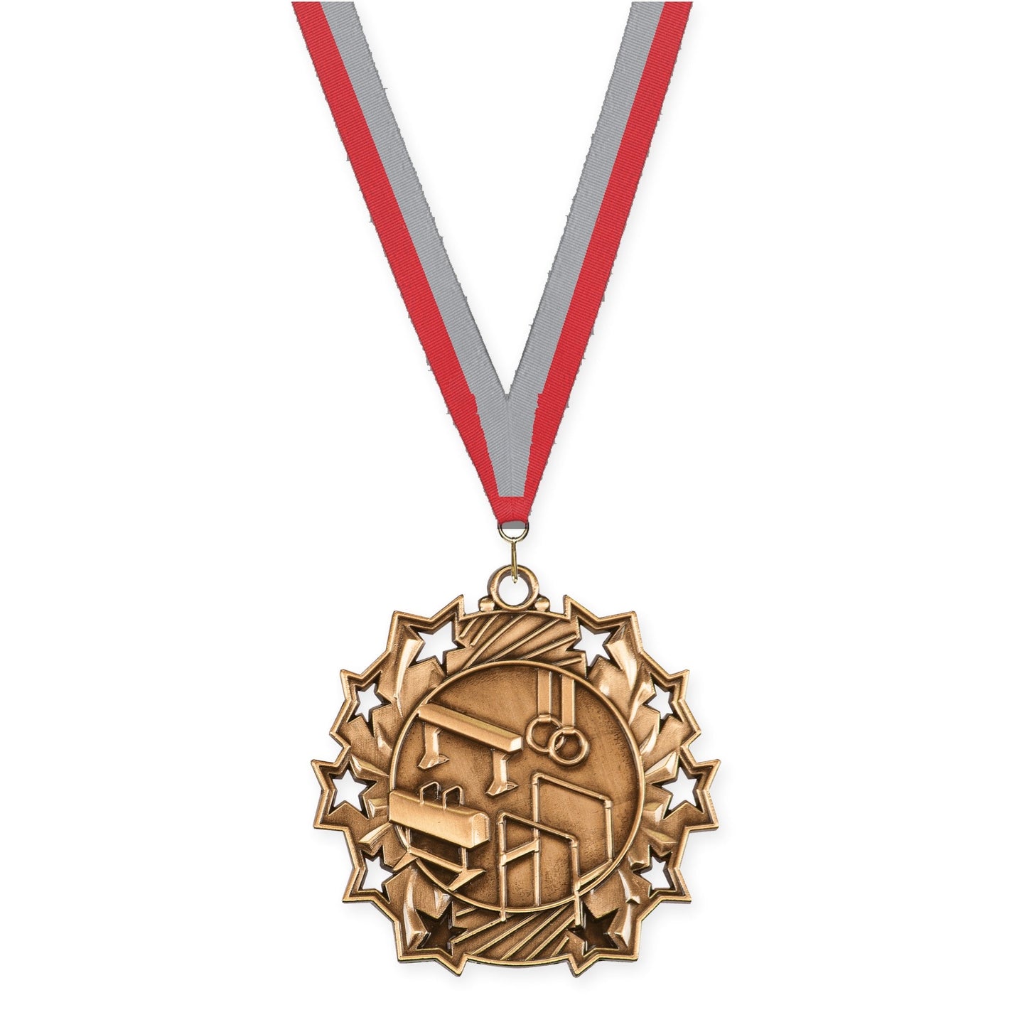 2 1/4 inch gymnastics Ten Star medal in antique bronze with Red Gray neck ribbon