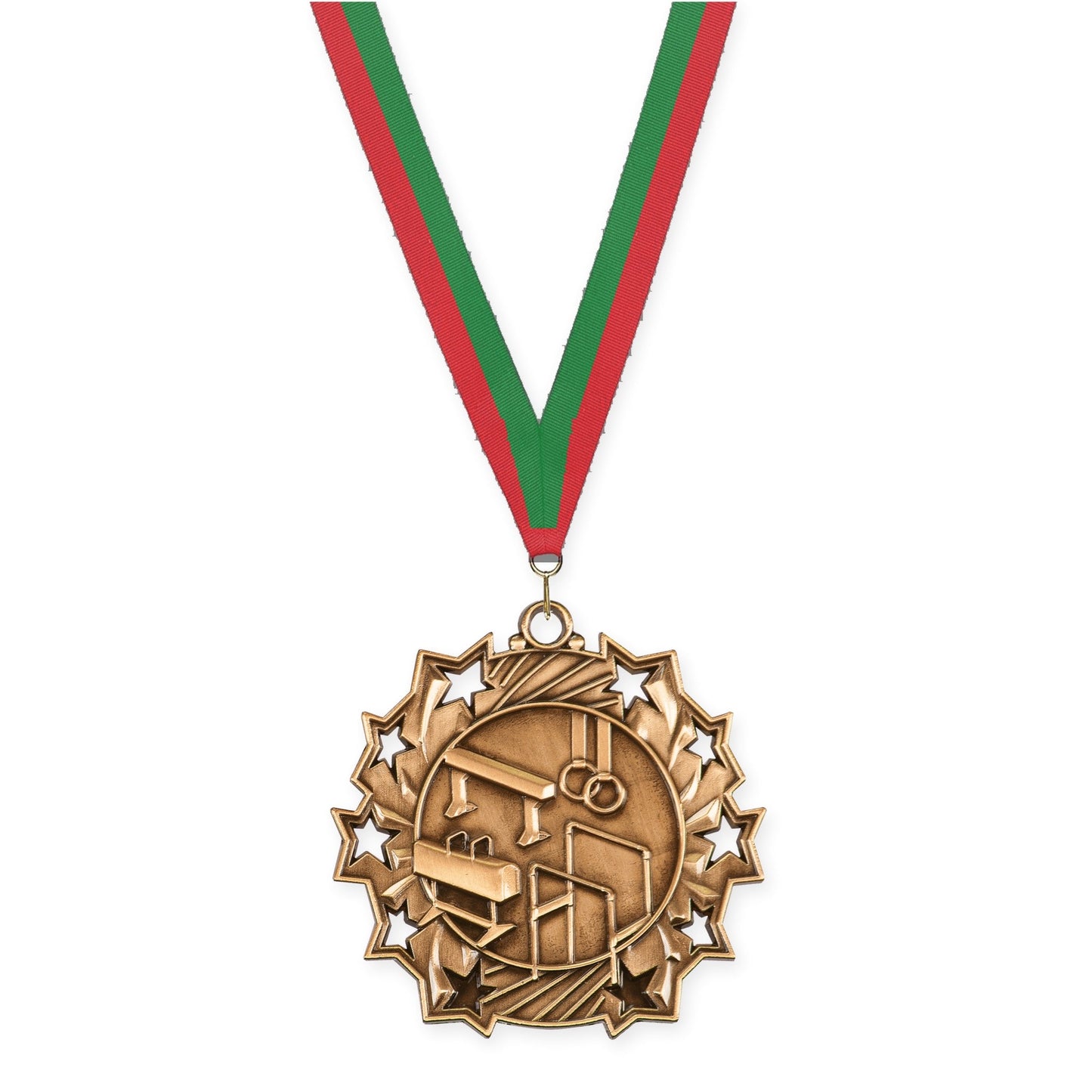 2 1/4 inch gymnastics Ten Star medal in antique bronze with Red Green neck ribbon