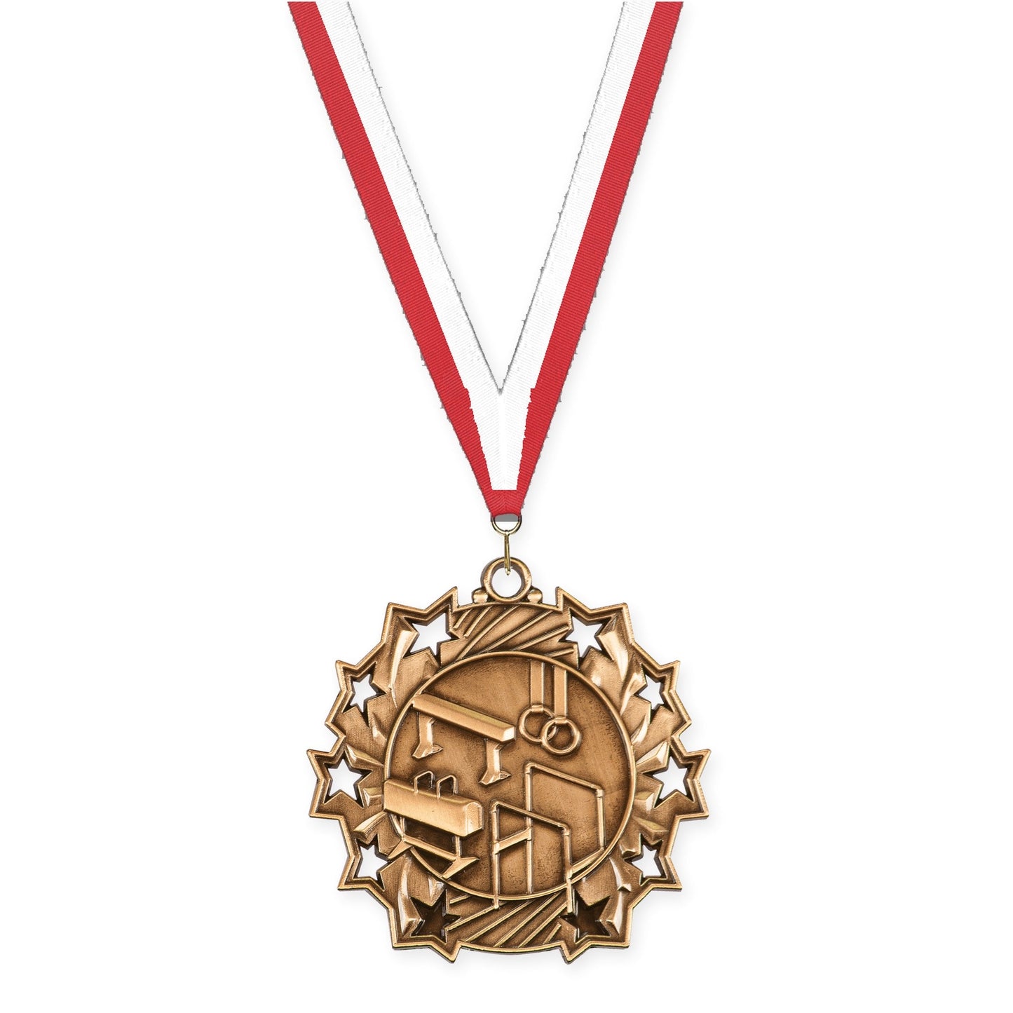 2 1/4 inch gymnastics Ten Star medal in antique bronze with Red White neck ribbon