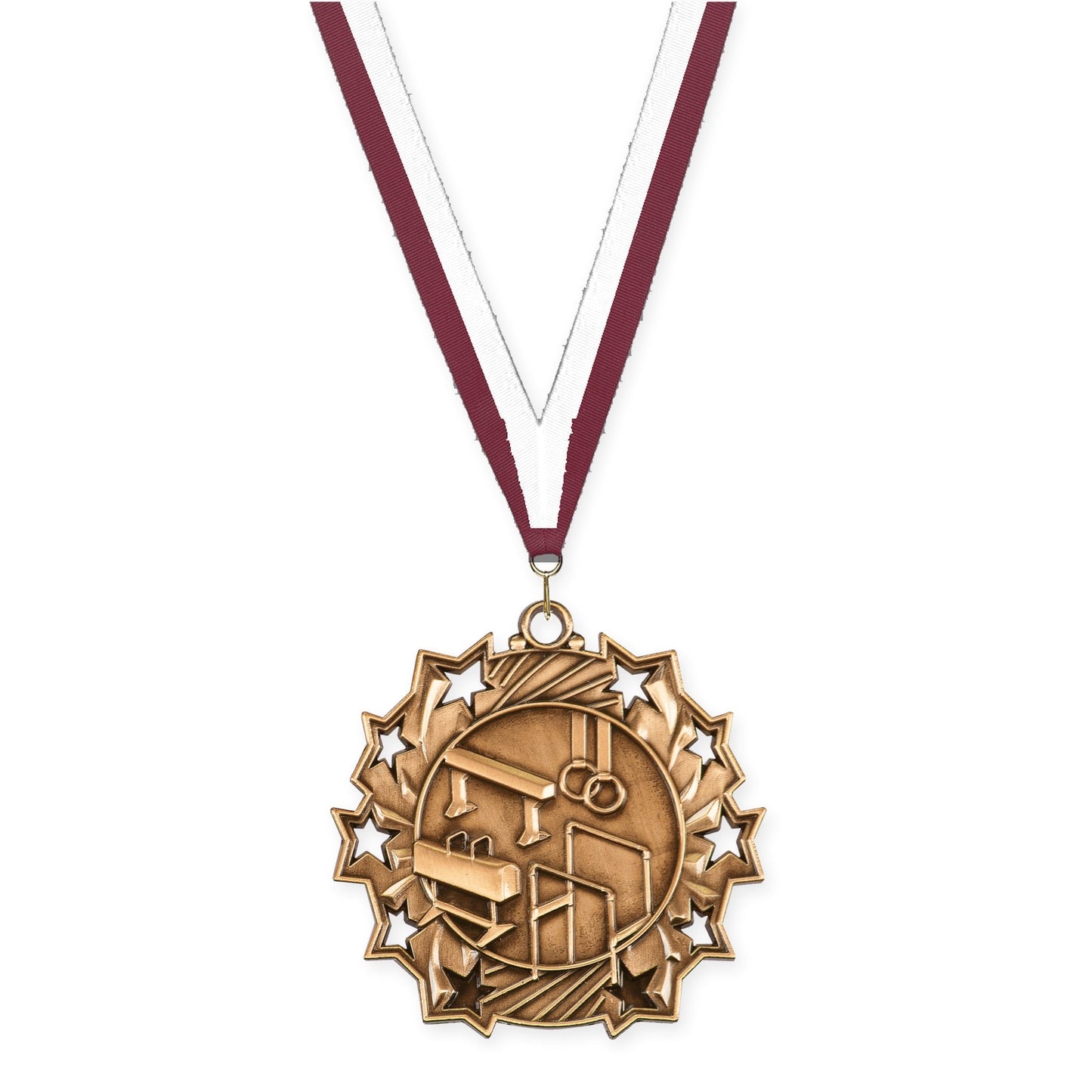 2 1/4 inch gymnastics Ten Star medal in antique bronze with Maroon White neck ribbon