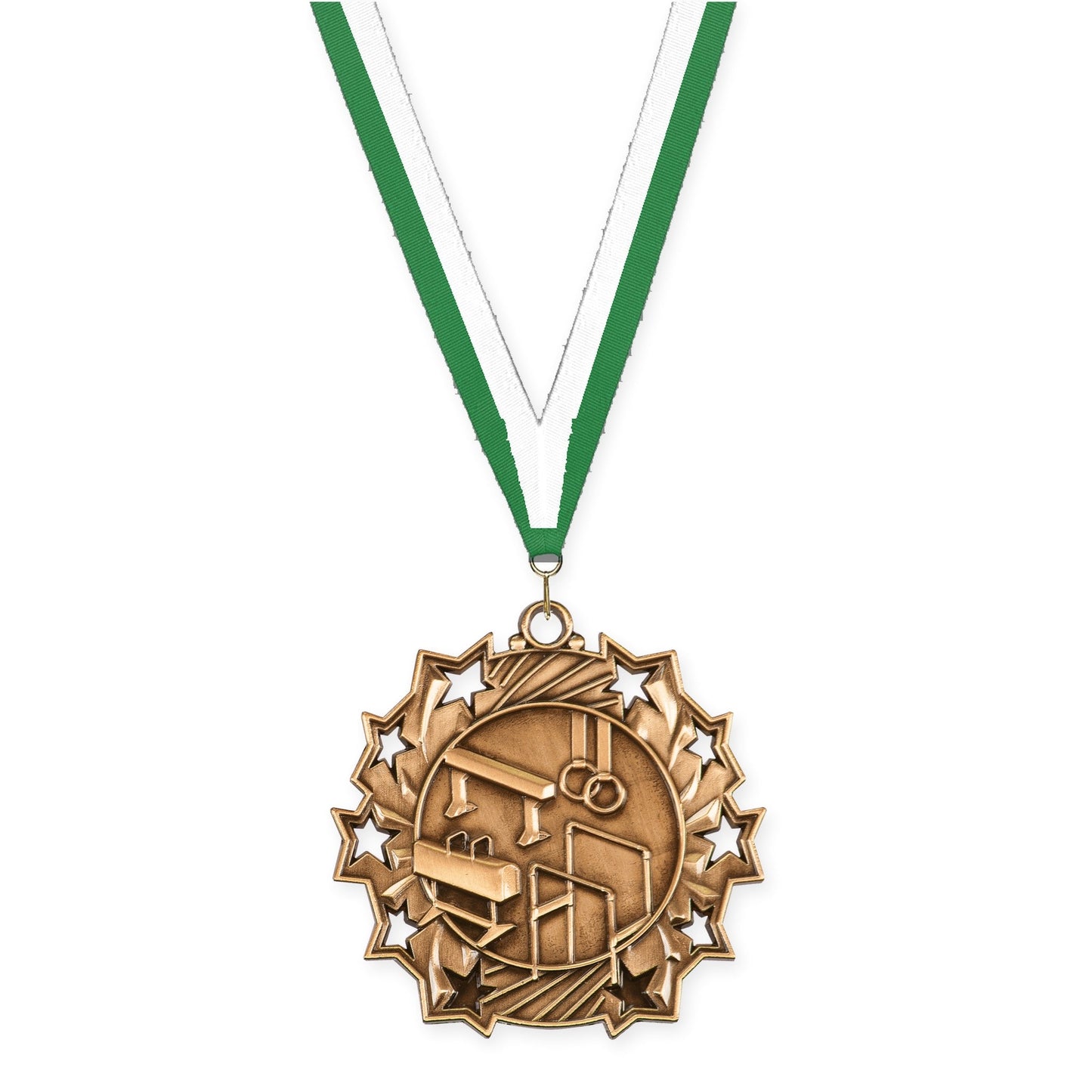 2 1/4 inch gymnastics Ten Star medal in antique bronze with Green White neck ribbon