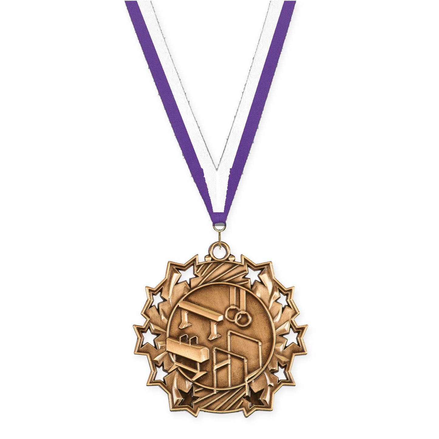 2 1/4 inch gymnastics Ten Star medal in antique bronze with Purple White neck ribbon