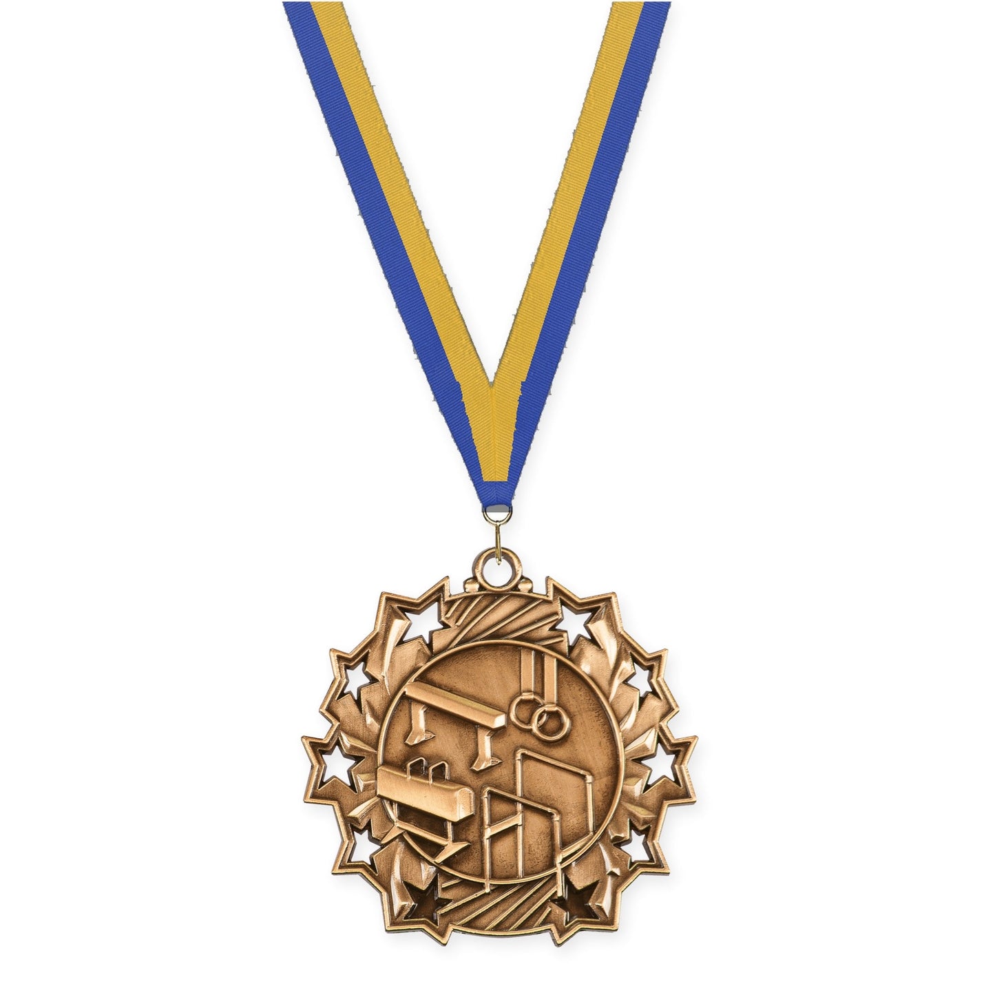 2 1/4 inch gymnastics Ten Star medal in antique bronze with Blue Gold neck ribbon