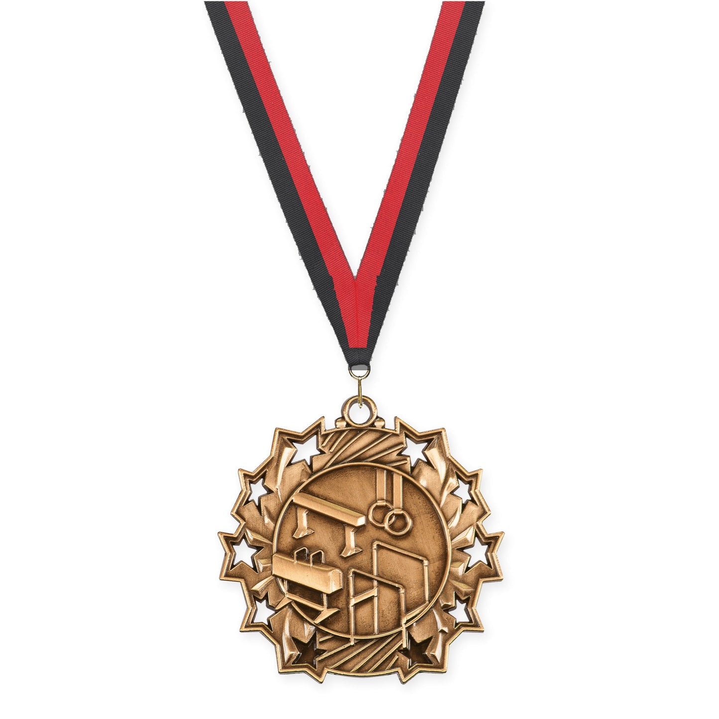 2 1/4 inch gymnastics Ten Star medal in antique bronze with Black Red neck ribbon