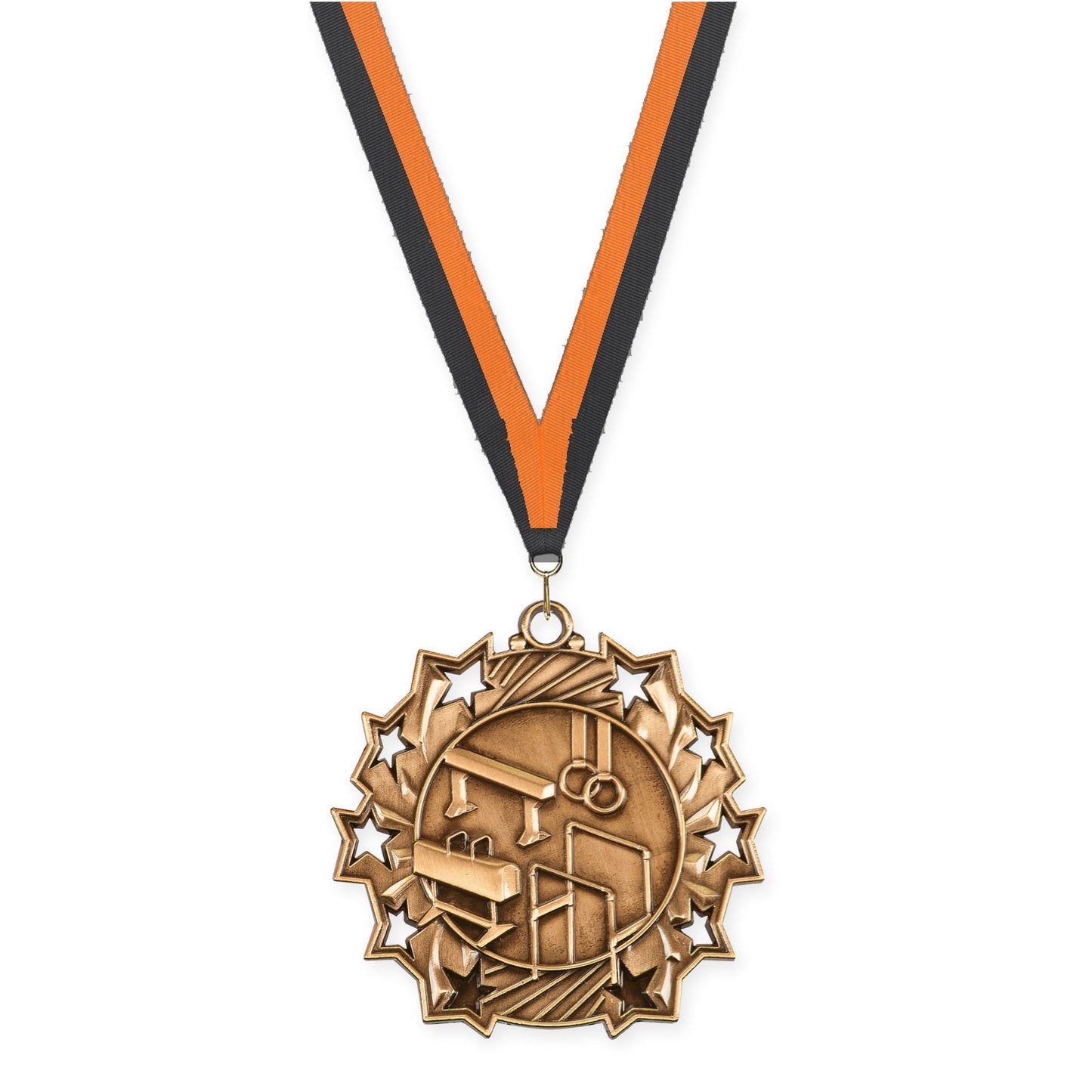 2 1/4 inch gymnastics Ten Star medal in antique bronze with Black Orange neck ribbon