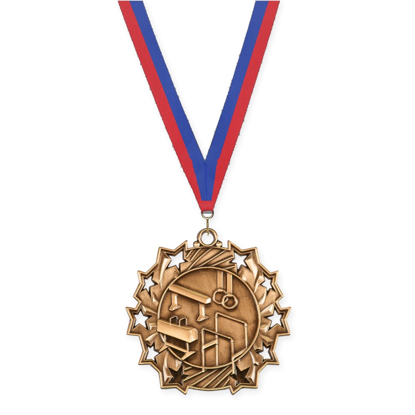 2 1/4 inch gymnastics Ten Star medal in antique bronze with Blue Red neck ribbon