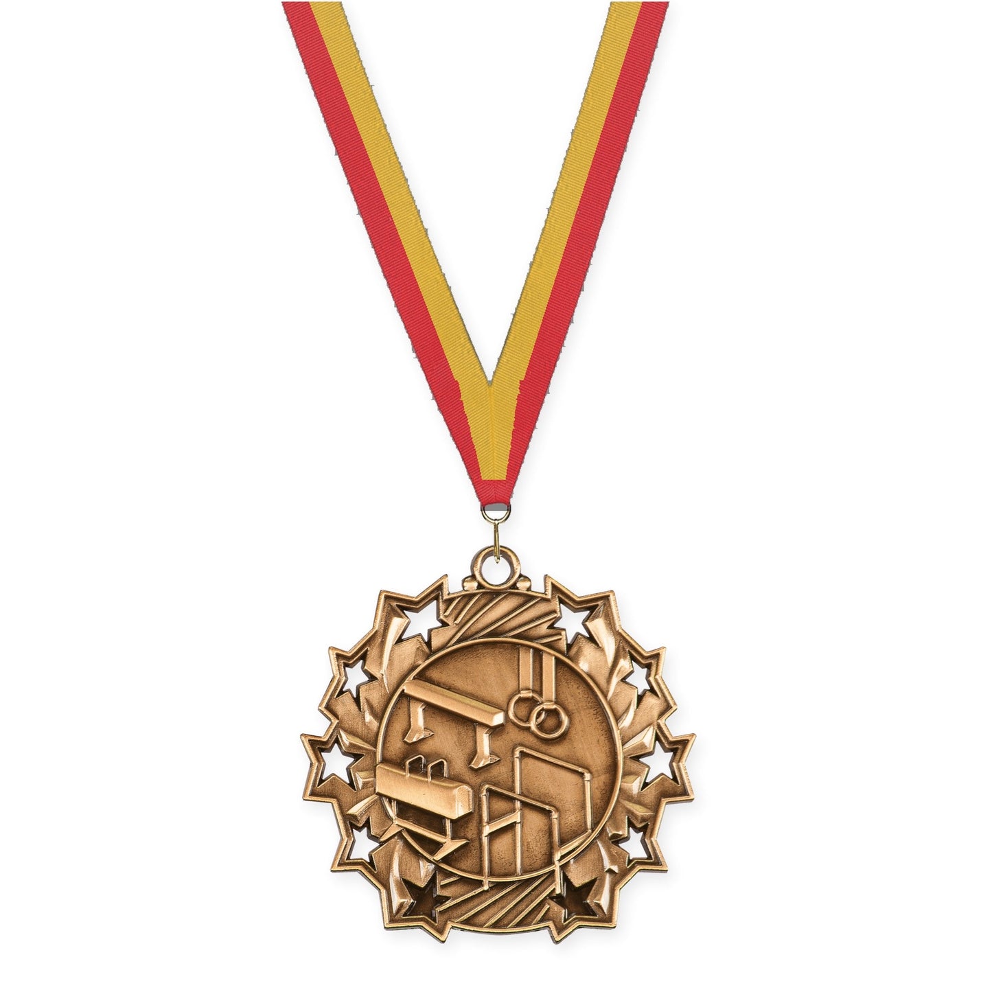 2 1/4 inch gymnastics Ten Star medal in antique bronze with Red Gold neck ribbon