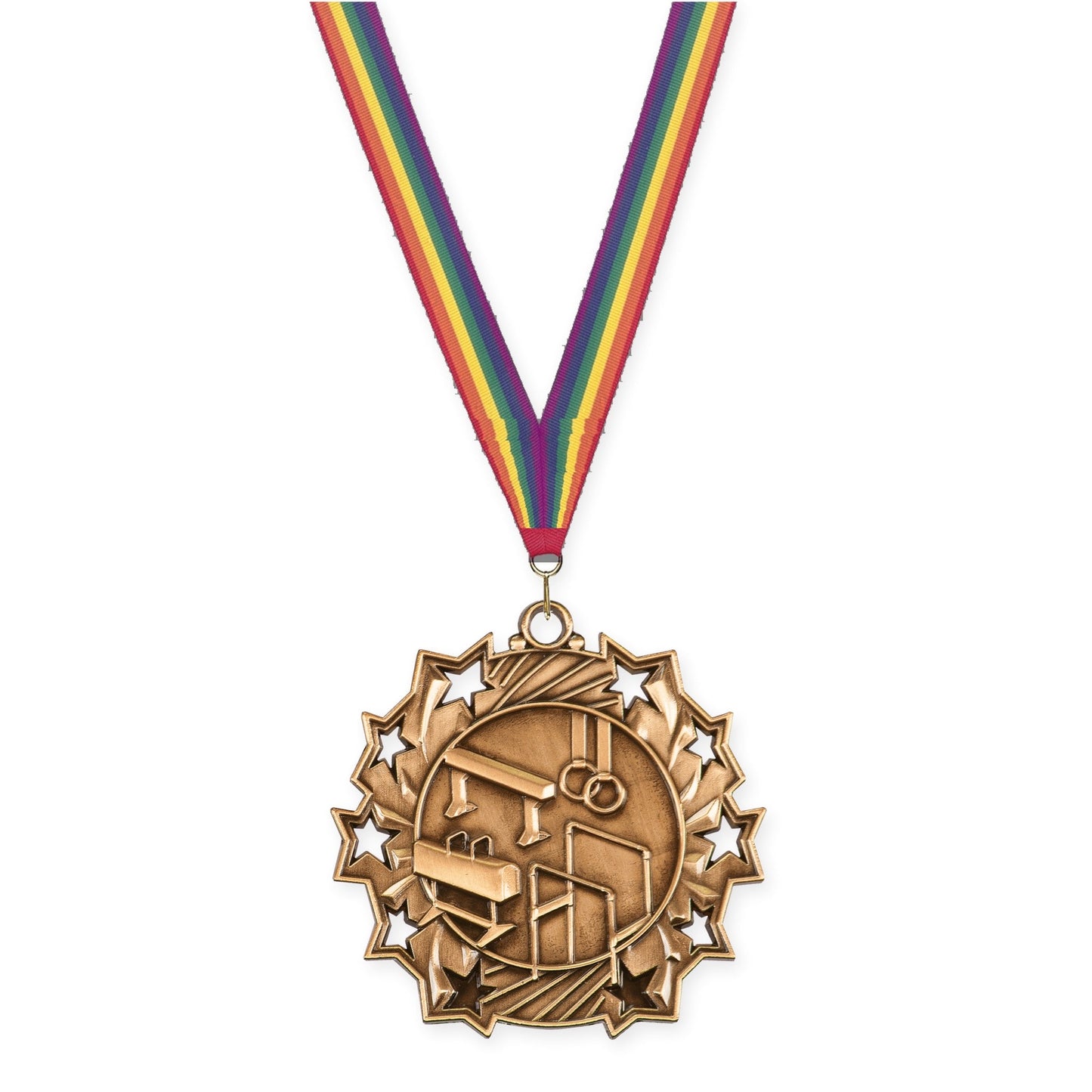 2 1/4 inch gymnastics Ten Star medal in antique bronze with Rainbow neck ribbon