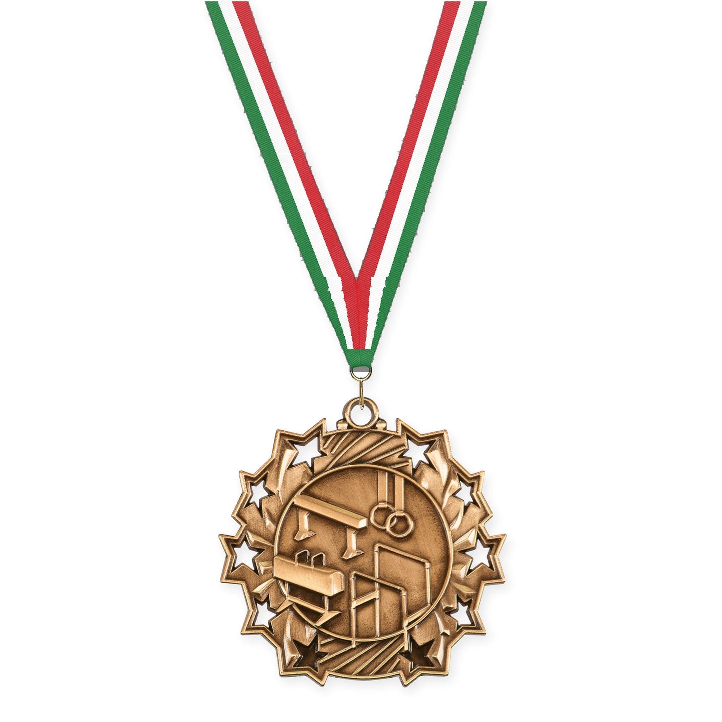 2 1/4 inch gymnastics Ten Star medal in antique bronze with Green White Red neck ribbon