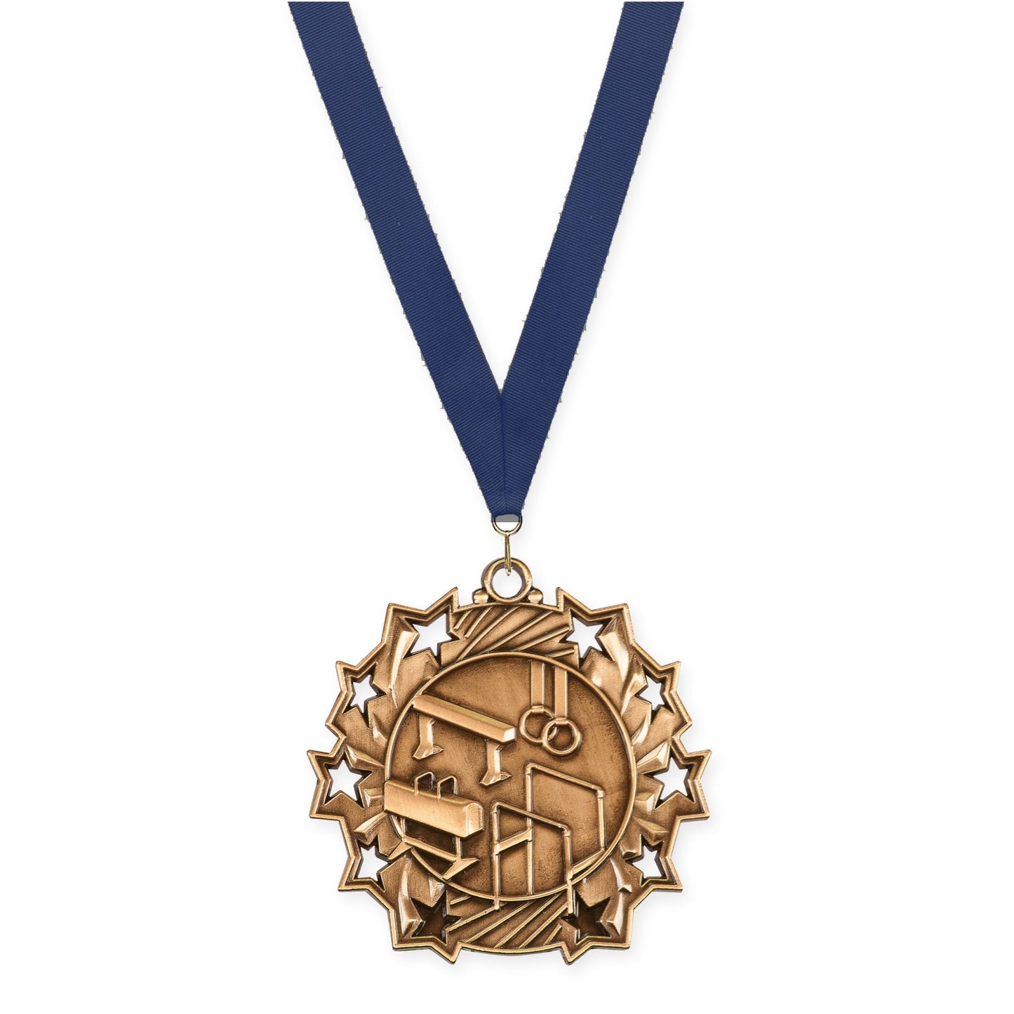 2 1/4 inch gymnastics Ten Star medal in antique bronze with Navy neck ribbon