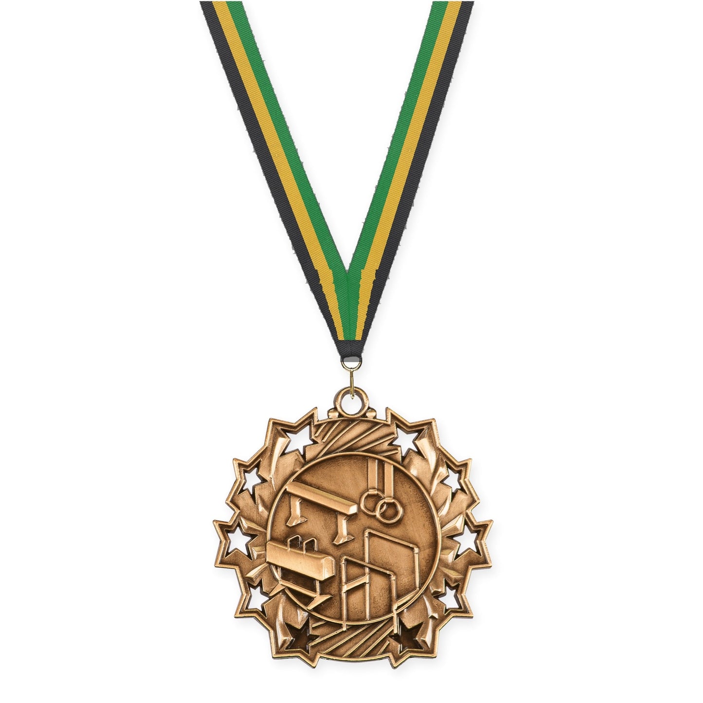2 1/4 inch gymnastics Ten Star medal in antique bronze with Black Gold Green neck ribbon