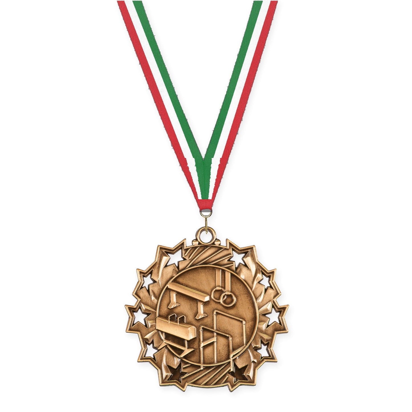 2 1/4 inch gymnastics Ten Star medal in antique bronze with Red White Green neck ribbon