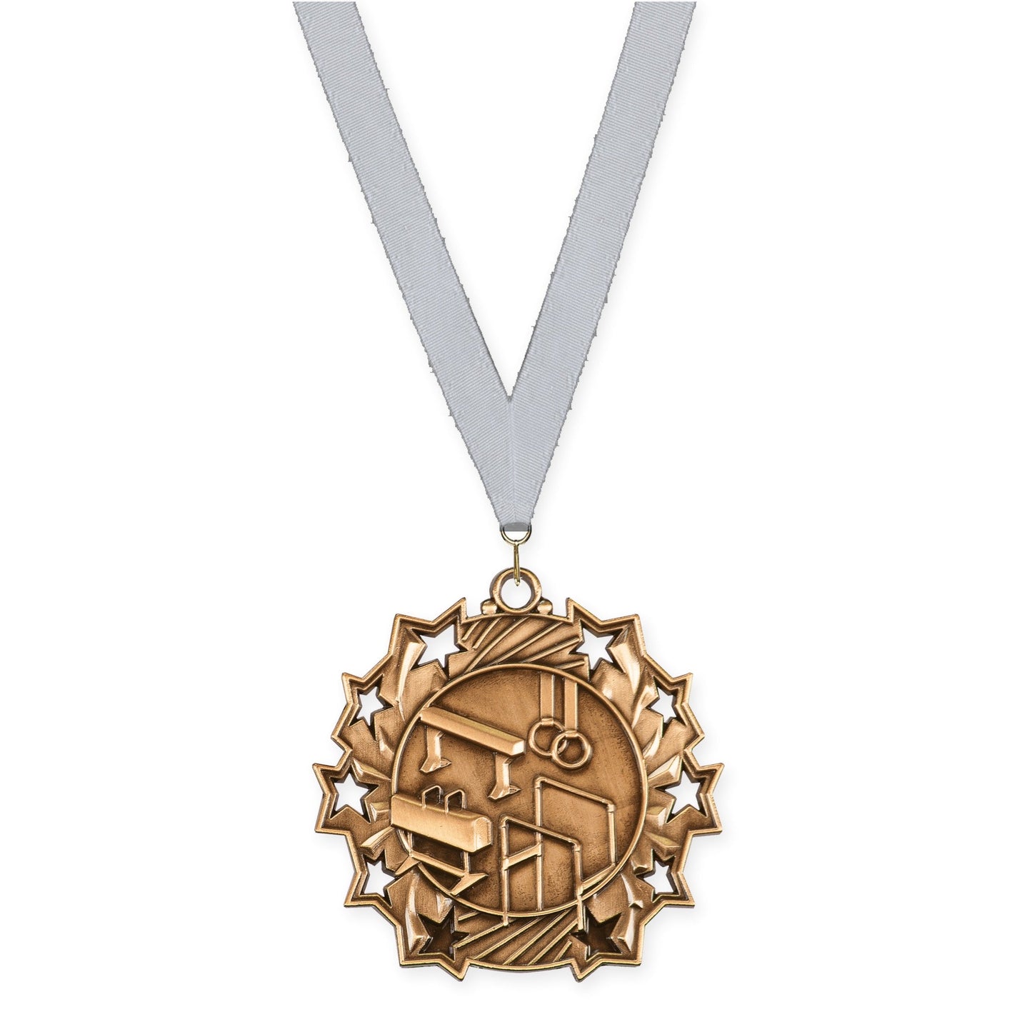 2 1/4 inch gymnastics Ten Star medal in antique bronze with Silver Metallic neck ribbon