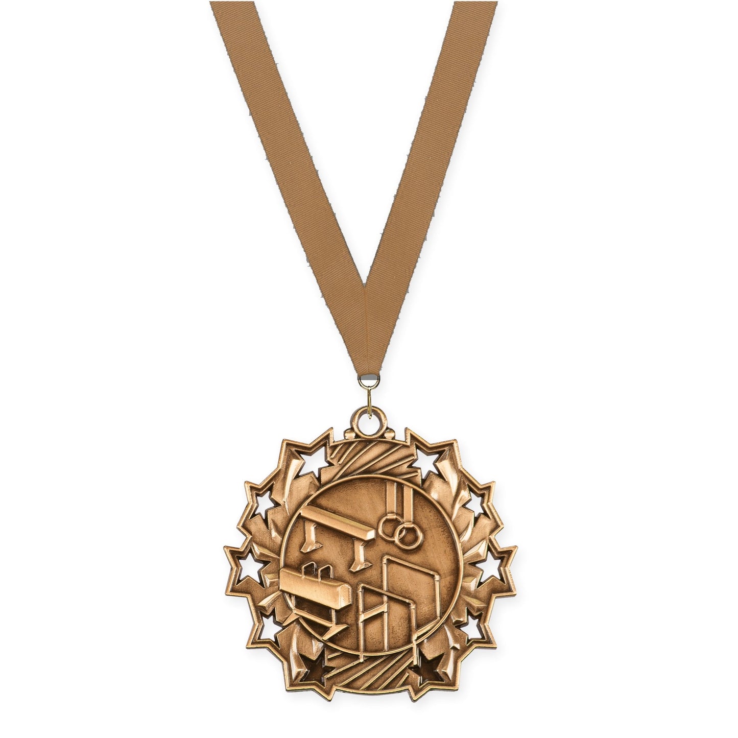 2 1/4 inch gymnastics Ten Star medal in antique bronze with Bronze Metallic neck ribbon
