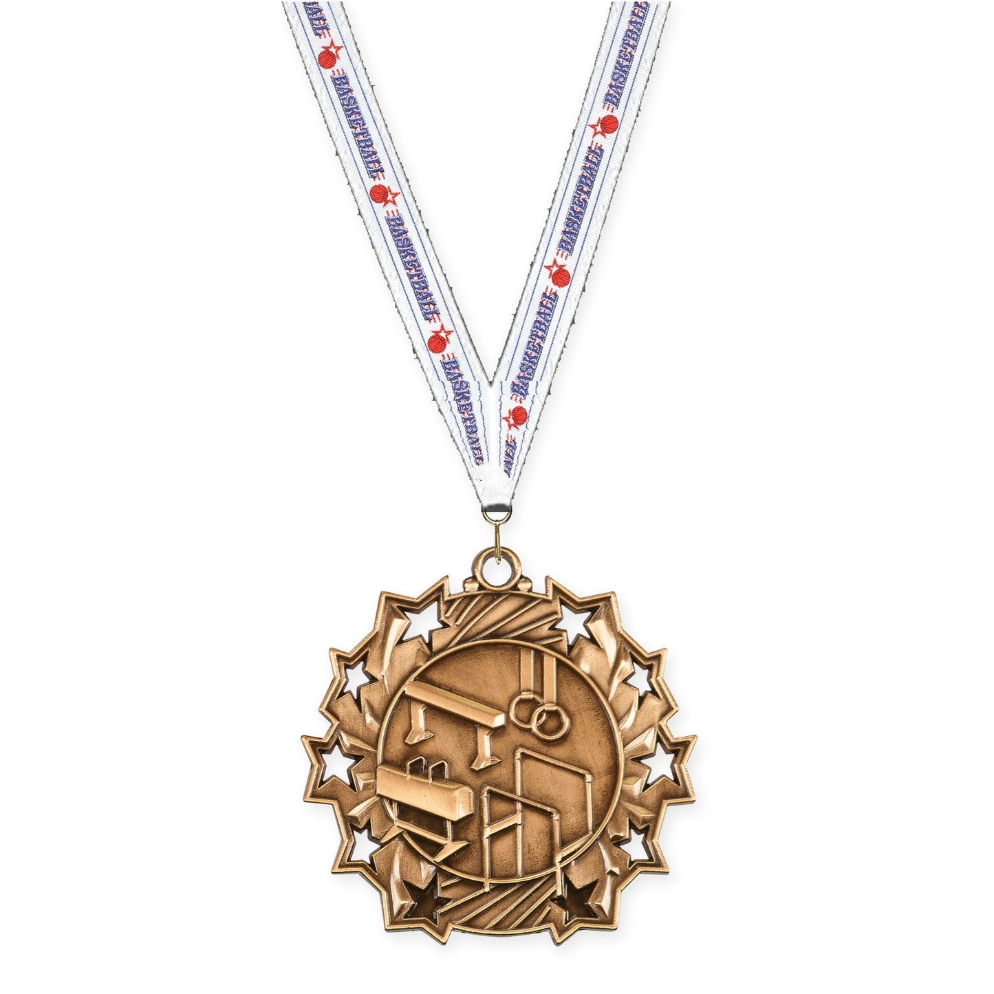 2 1/4 inch gymnastics Ten Star medal in antique bronze with Basketball neck ribbon
