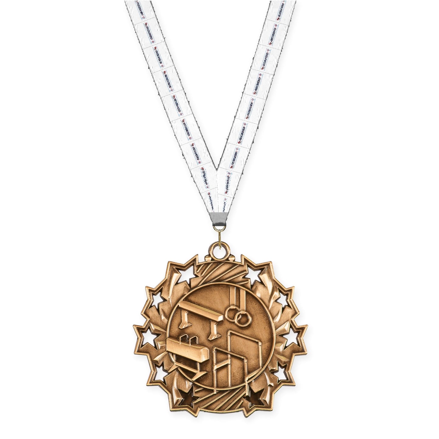 2 1/4 inch gymnastics Ten Star medal in antique bronze with Gymnastics neck ribbon