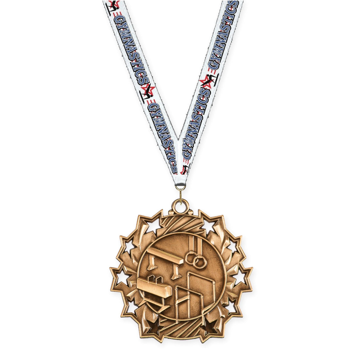 2 1/4 inch gymnastics Ten Star medal in antique bronze with Gymnastics neck ribbon