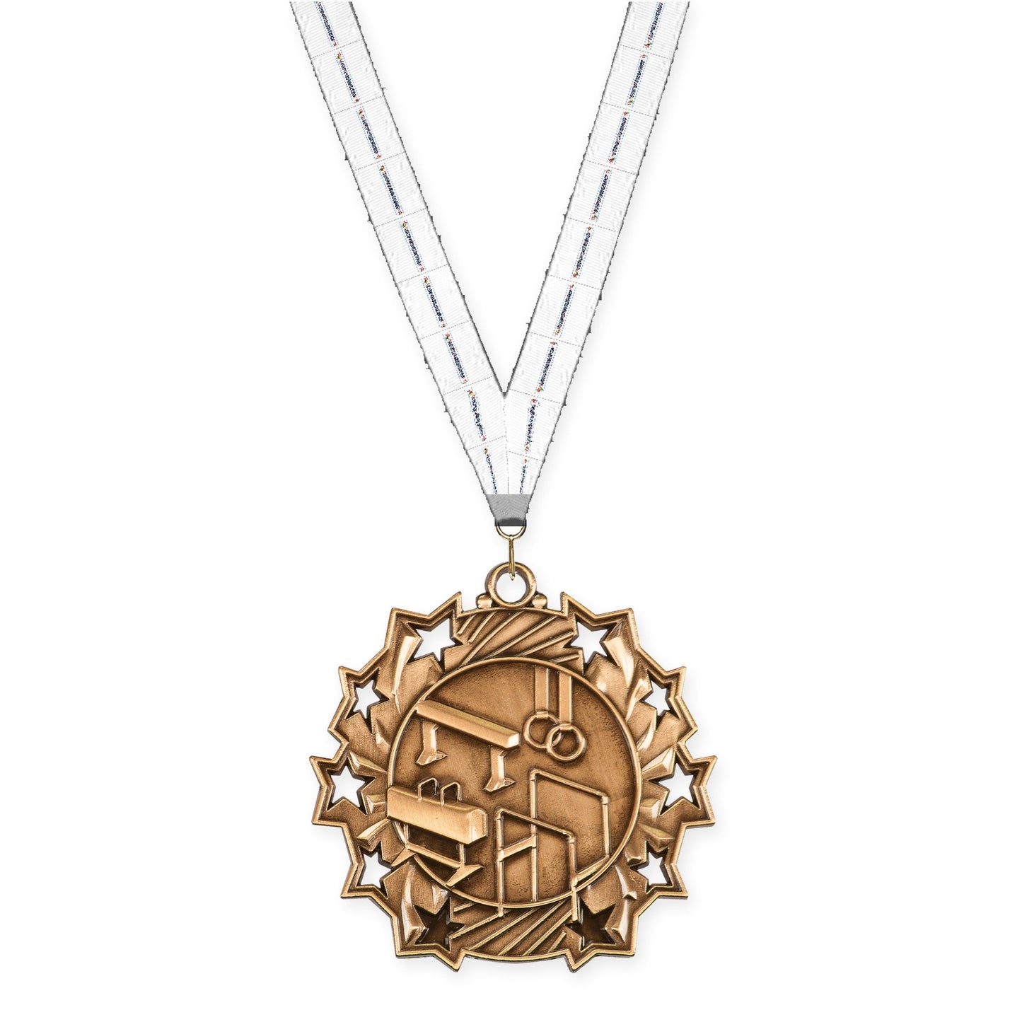 2 1/4 inch gymnastics Ten Star medal in antique bronze with Lamp Of Knowledge neck ribbon