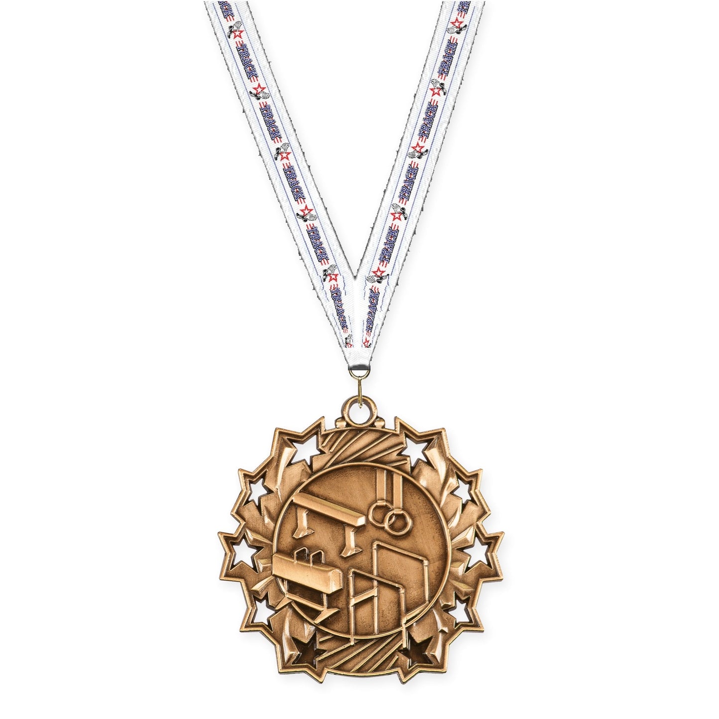 2 1/4 inch gymnastics Ten Star medal in antique bronze with Track neck ribbon