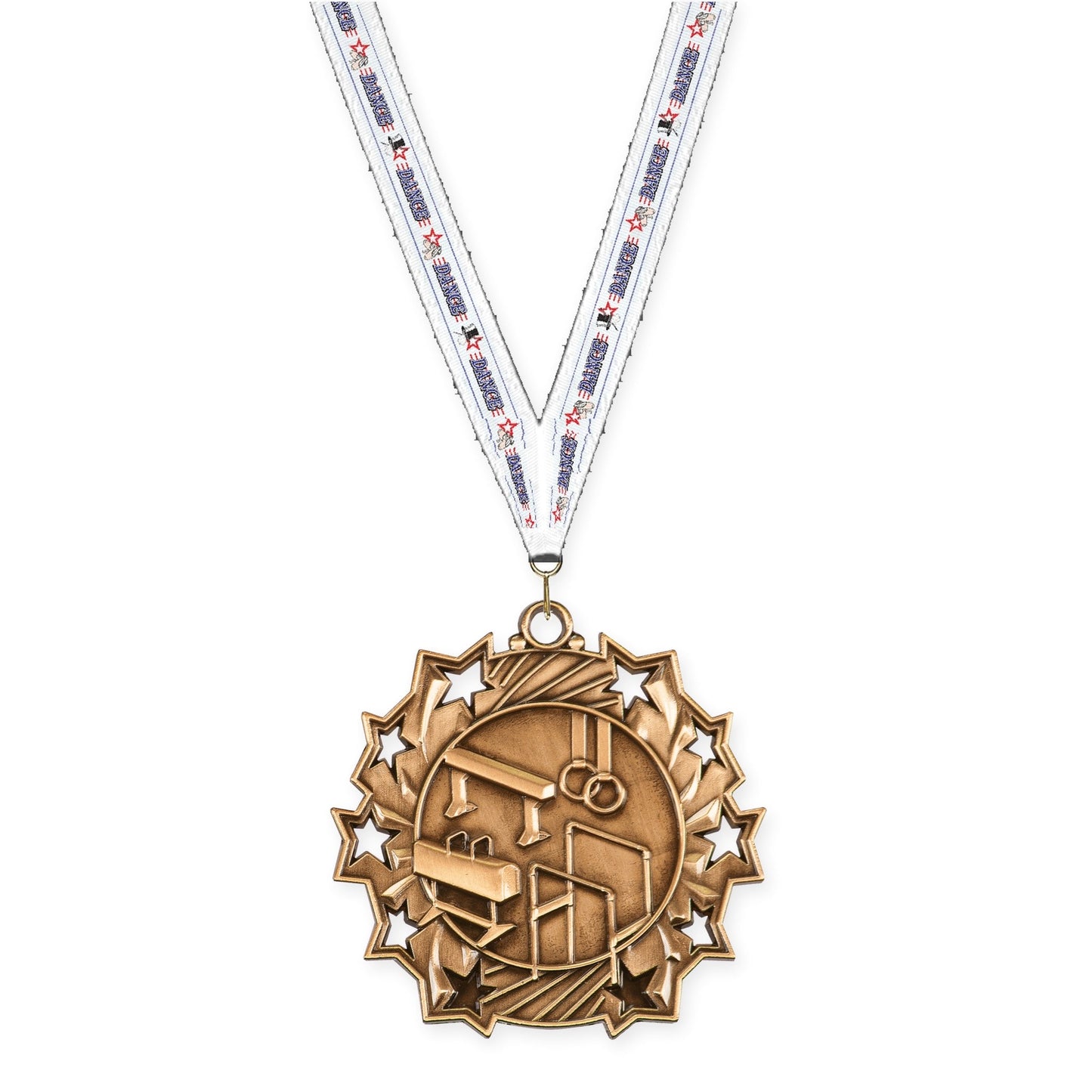 2 1/4 inch gymnastics Ten Star medal in antique bronze with Dance neck ribbon
