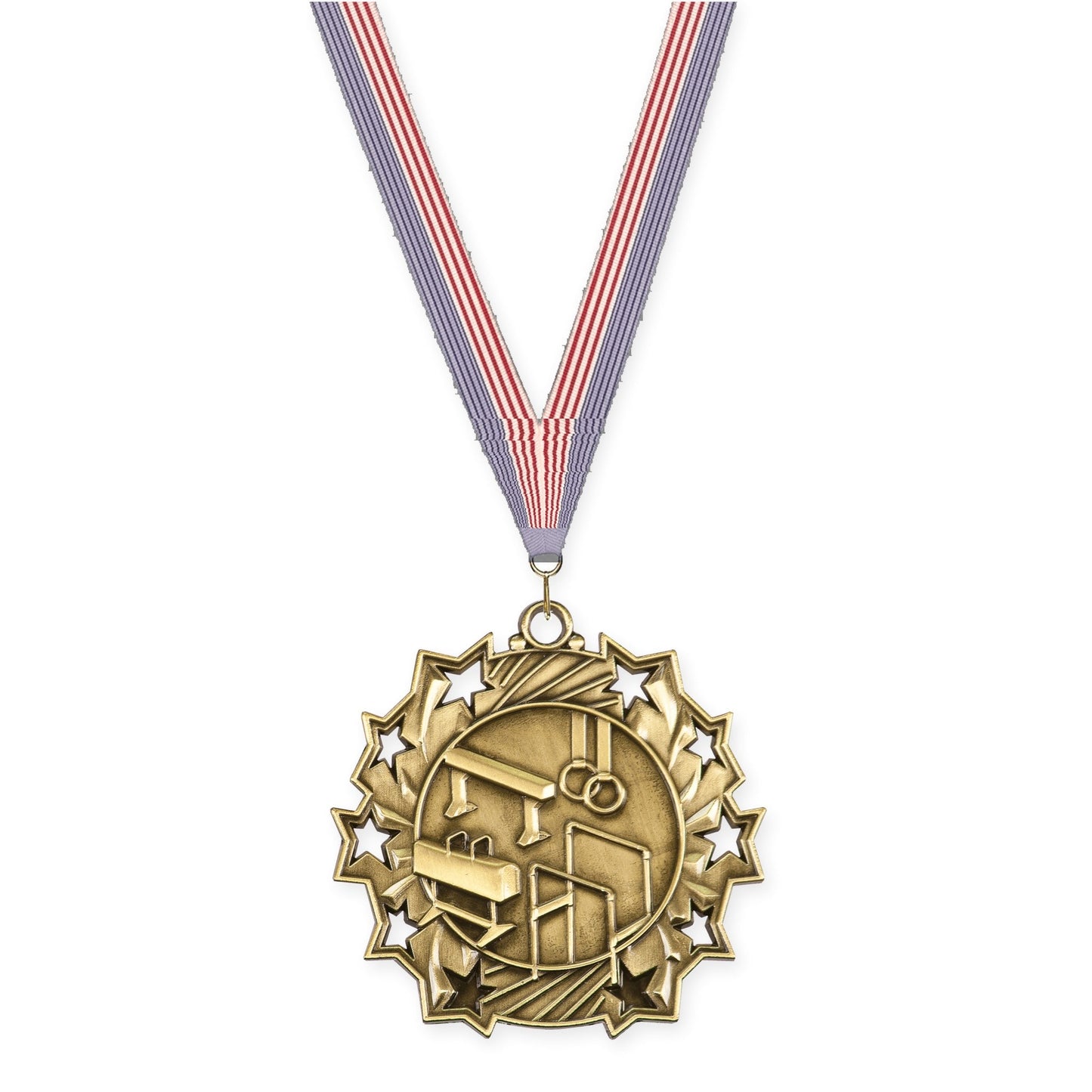 2 1/4 inch gymnastics Ten Star medal in antique gold with USA Flag neck ribbon