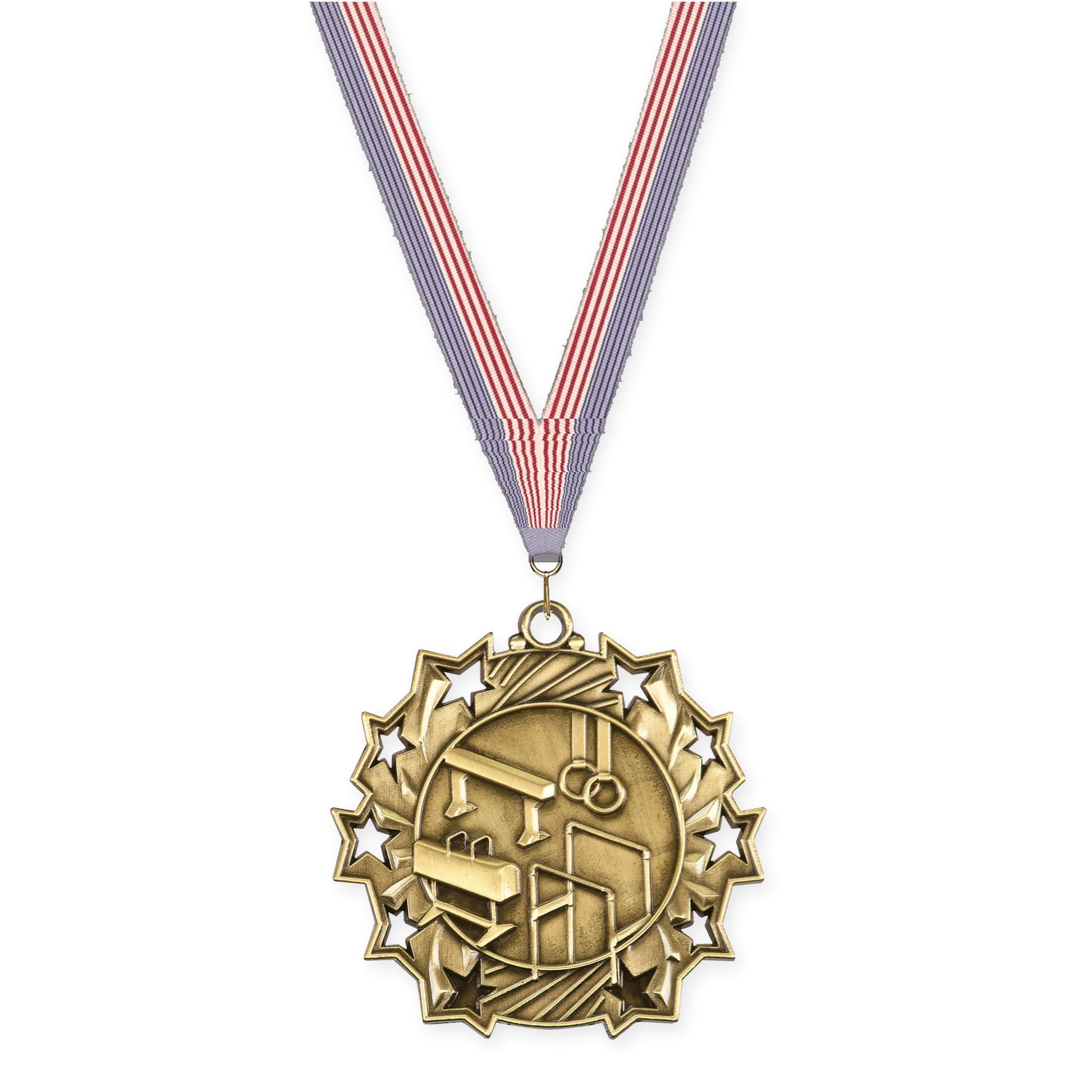 2 1/4 inch gymnastics Ten Star medal in antique gold with USA Flag neck ribbon