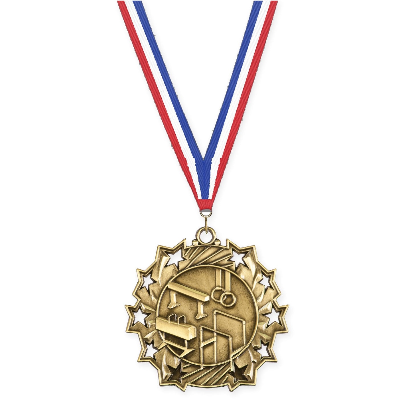 2 1/4 inch gymnastics Ten Star medal in antique gold with Red White Blue neck ribbon