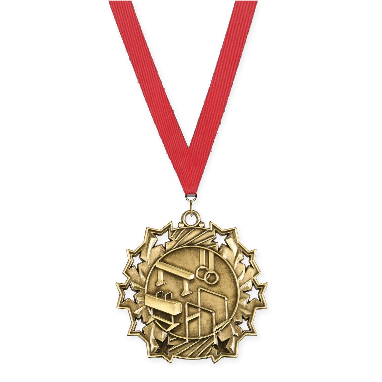 2 1/4 inch gymnastics Ten Star medal in antique gold with Red neck ribbon