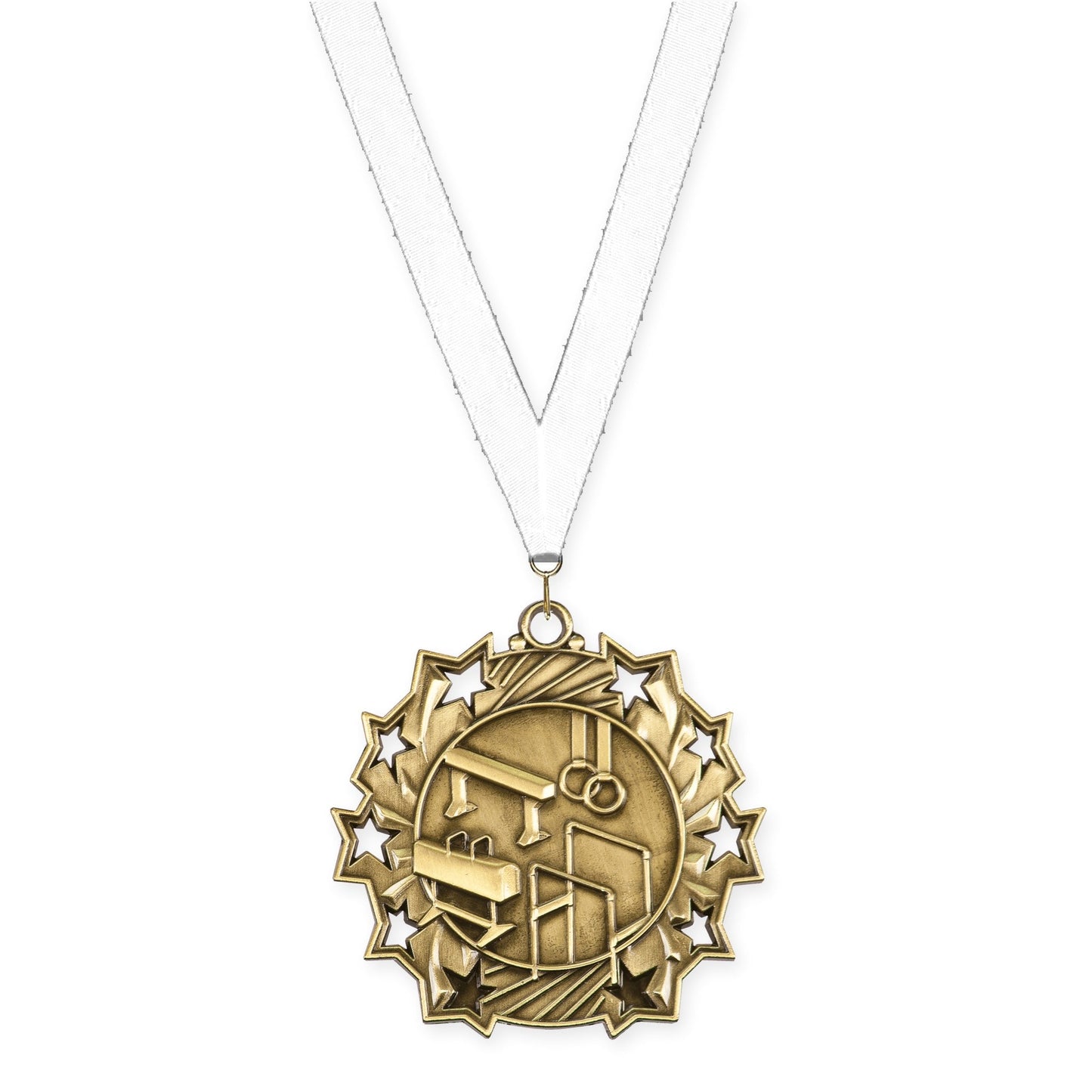 2 1/4 inch gymnastics Ten Star medal in antique gold with White neck ribbon