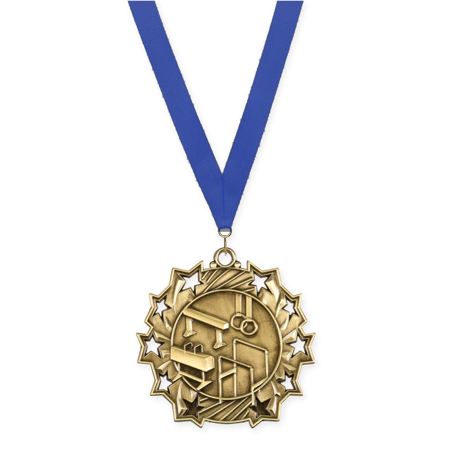 2 1/4 inch gymnastics Ten Star medal in antique gold with Blue neck ribbon