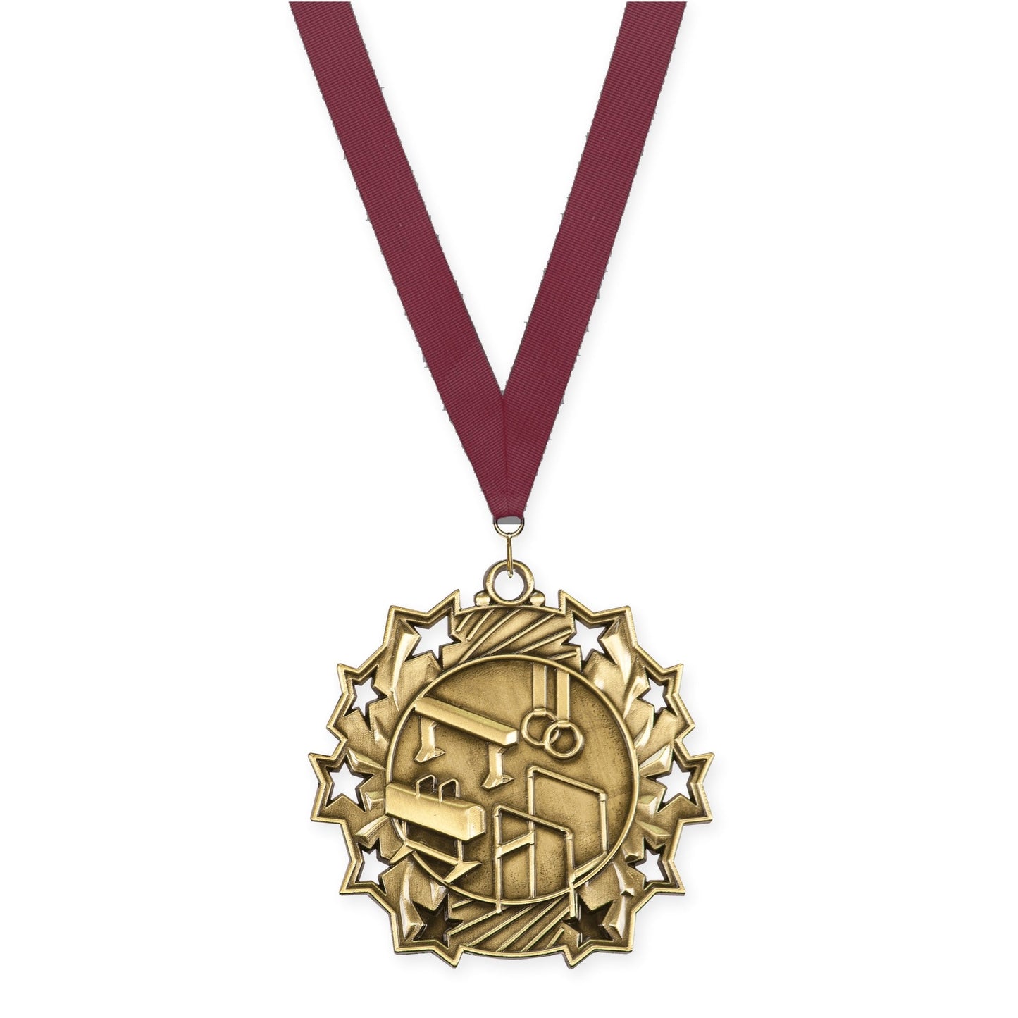 2 1/4 inch gymnastics Ten Star medal in antique gold with Maroon neck ribbon