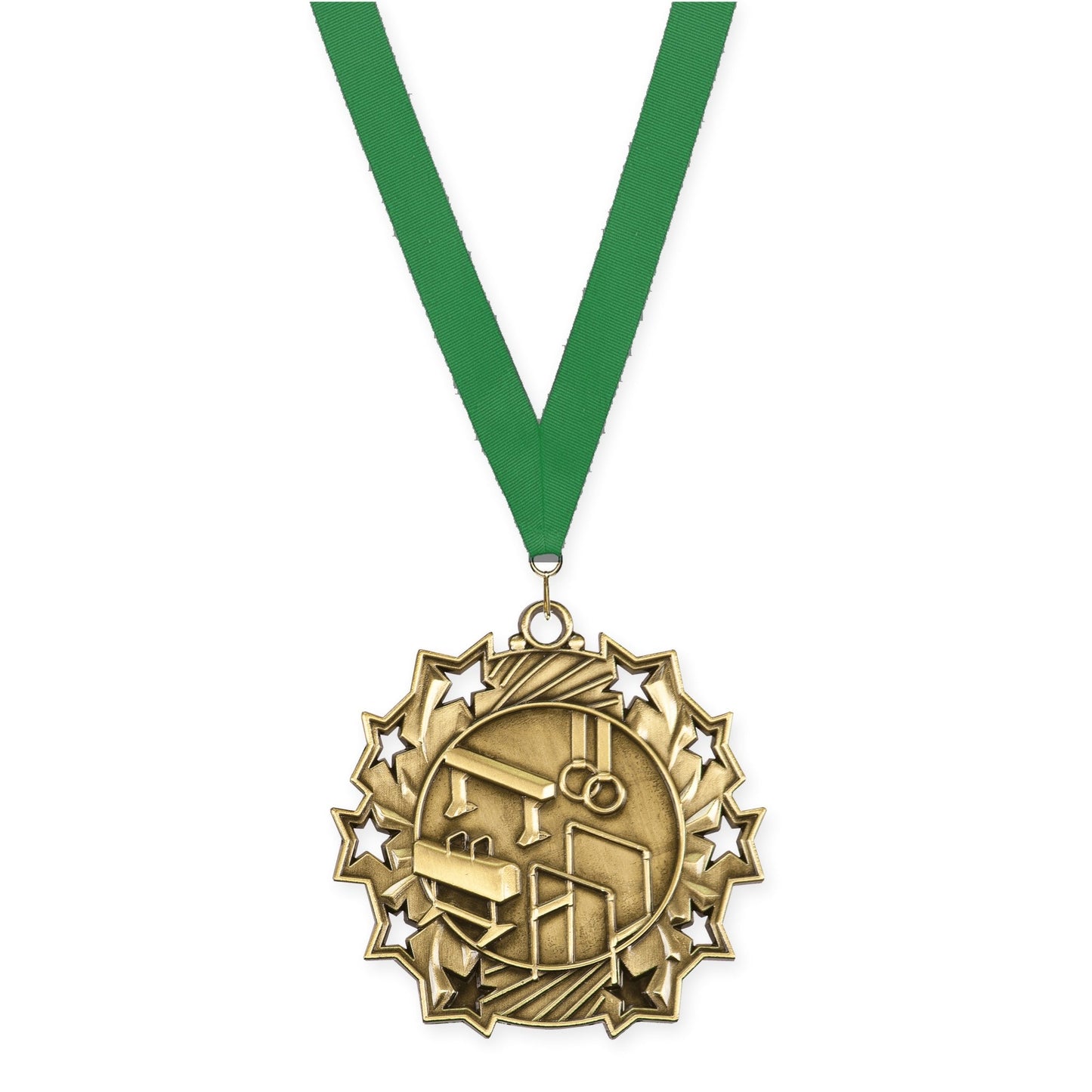 2 1/4 inch gymnastics Ten Star medal in antique gold with Green neck ribbon