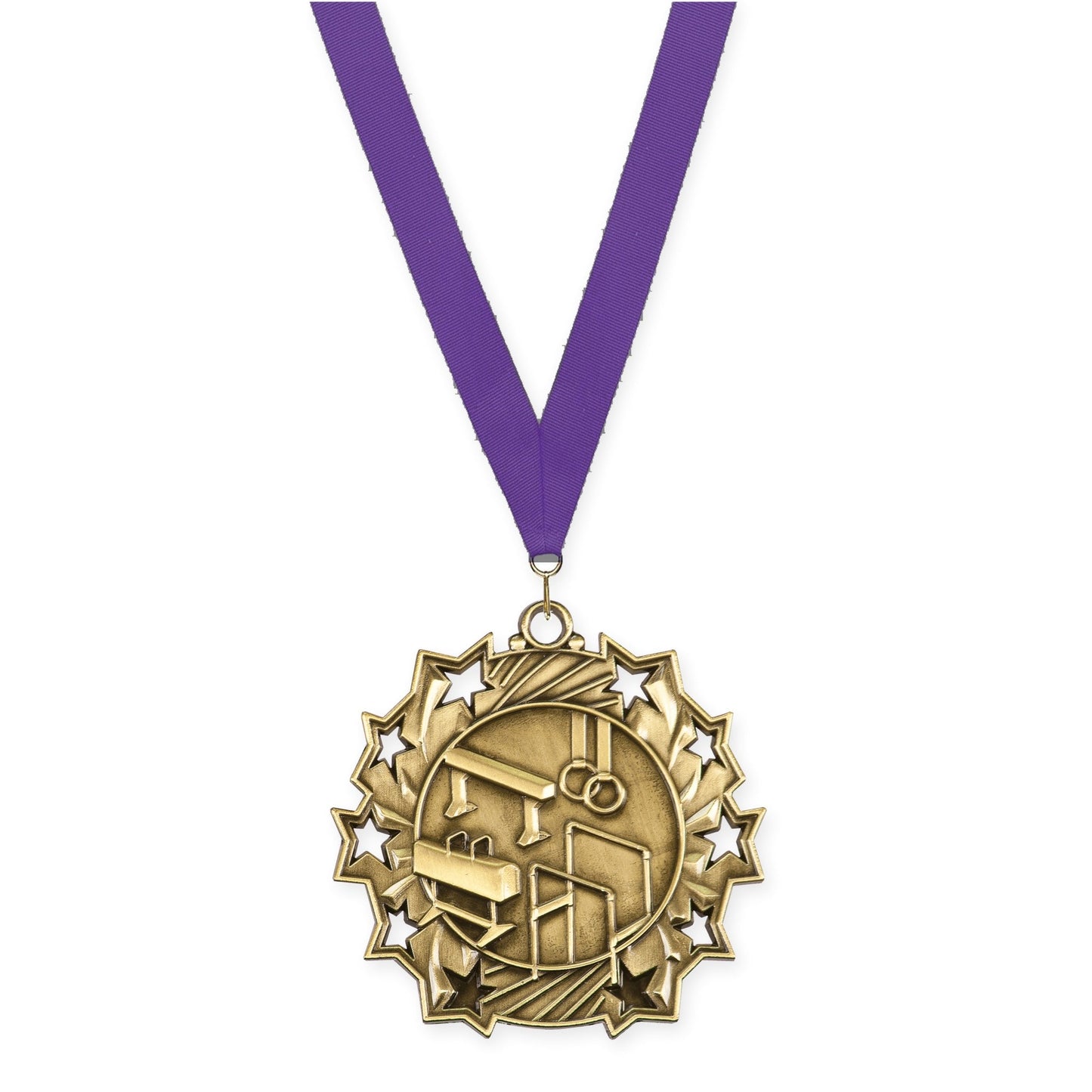 2 1/4 inch gymnastics Ten Star medal in antique gold with Purple neck ribbon