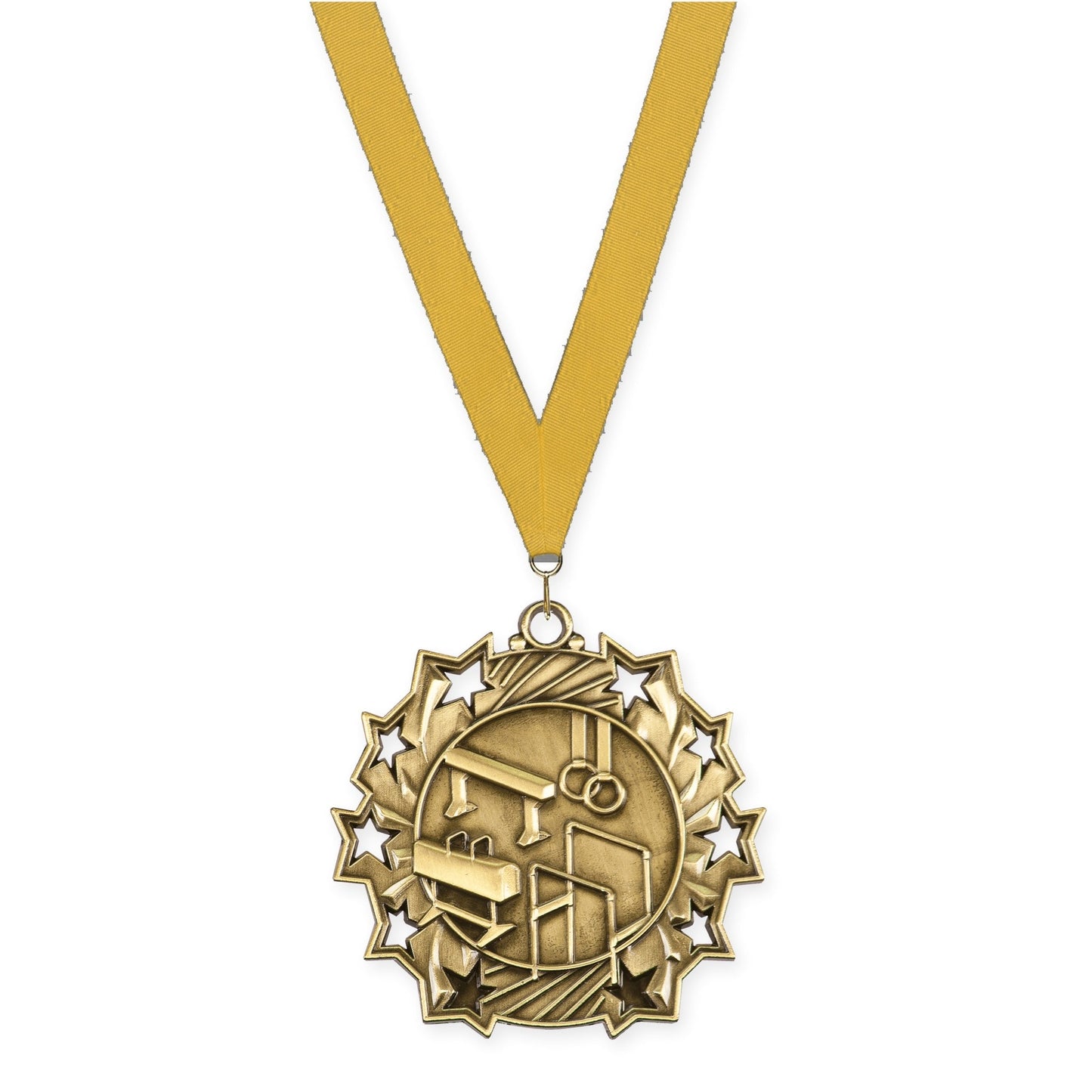 2 1/4 inch gymnastics Ten Star medal in antique gold with Gold neck ribbon