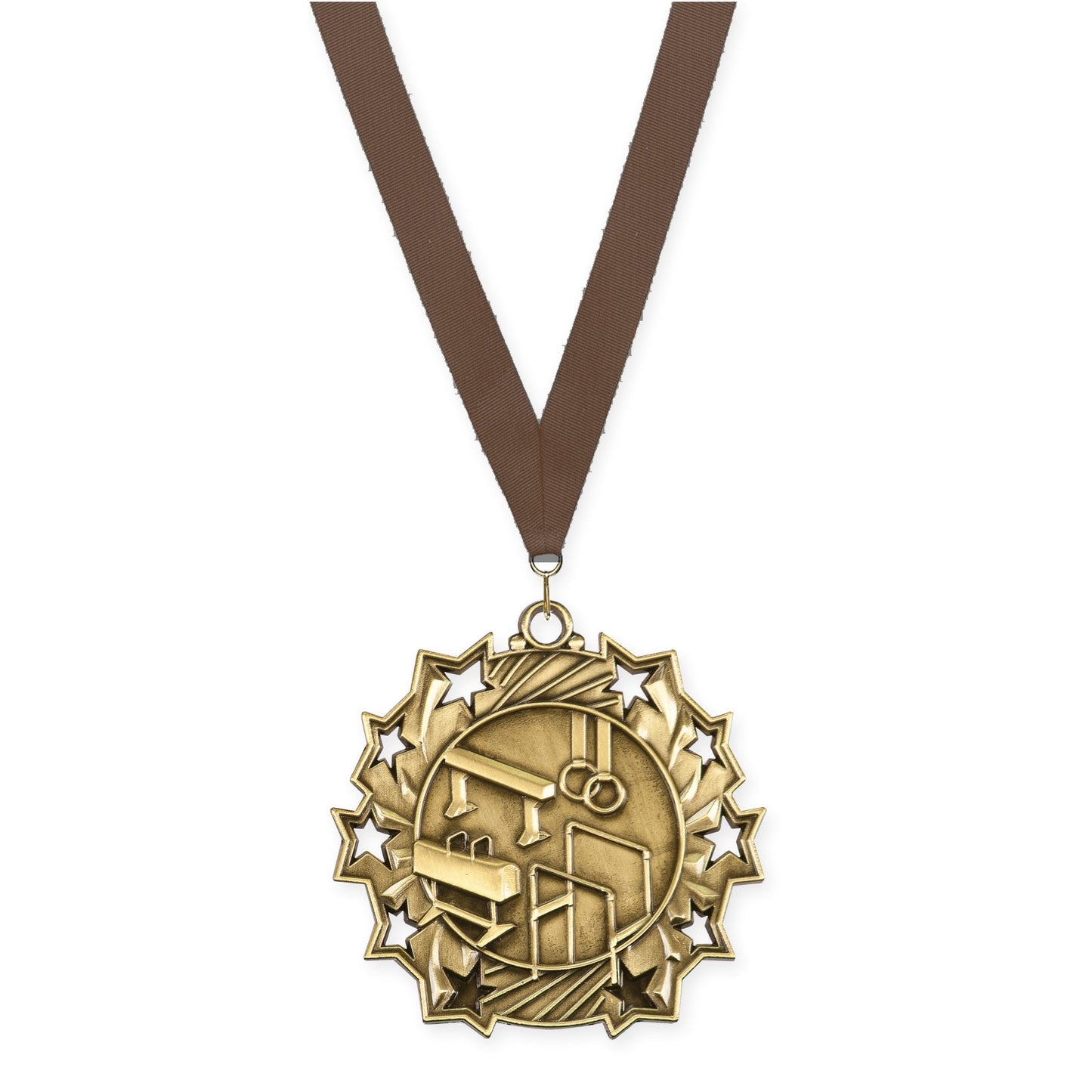 2 1/4 inch gymnastics Ten Star medal in antique gold with Brown neck ribbon