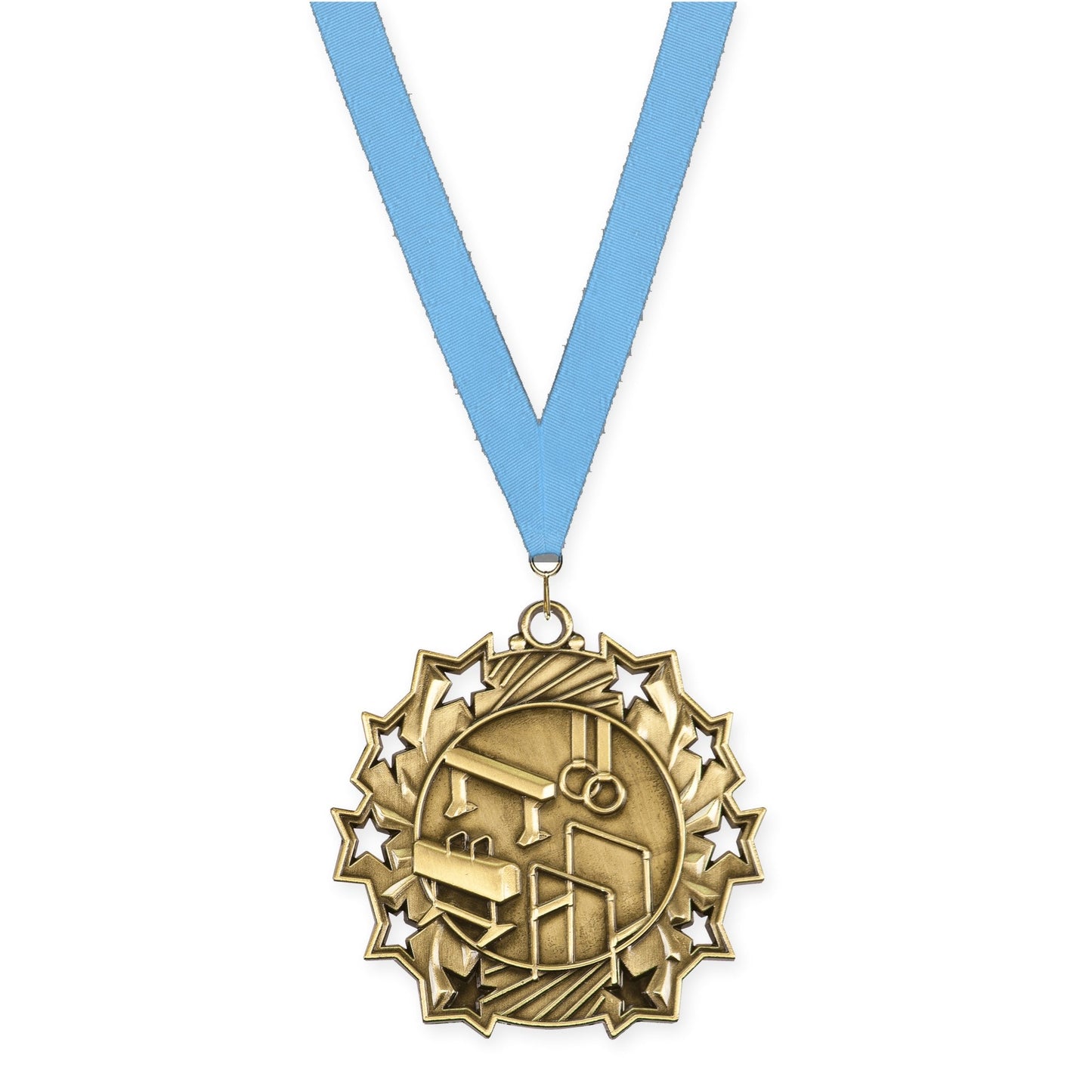 2 1/4 inch gymnastics Ten Star medal in antique gold with Light Blue neck ribbon