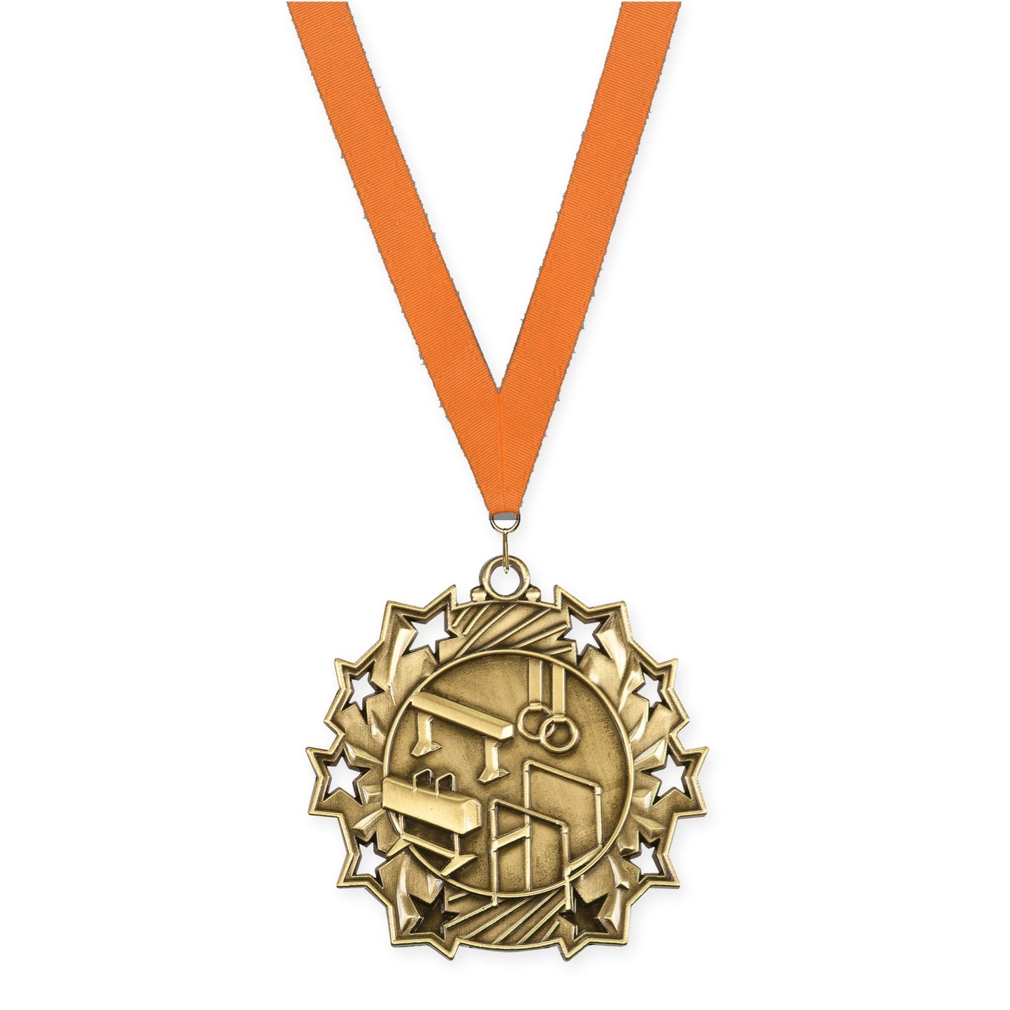 2 1/4 inch gymnastics Ten Star medal in antique gold with Orange neck ribbon
