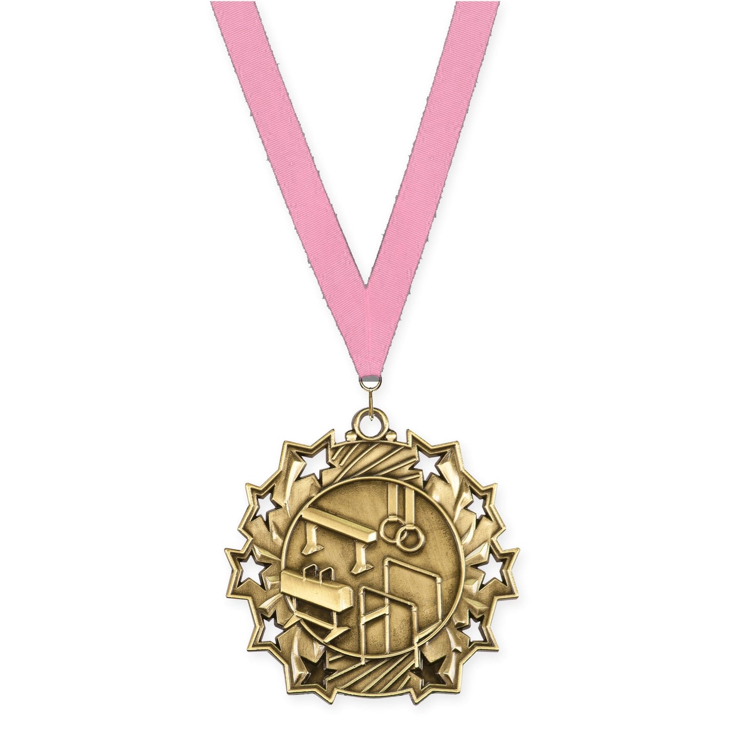 2 1/4 inch gymnastics Ten Star medal in antique gold with Pink neck ribbon