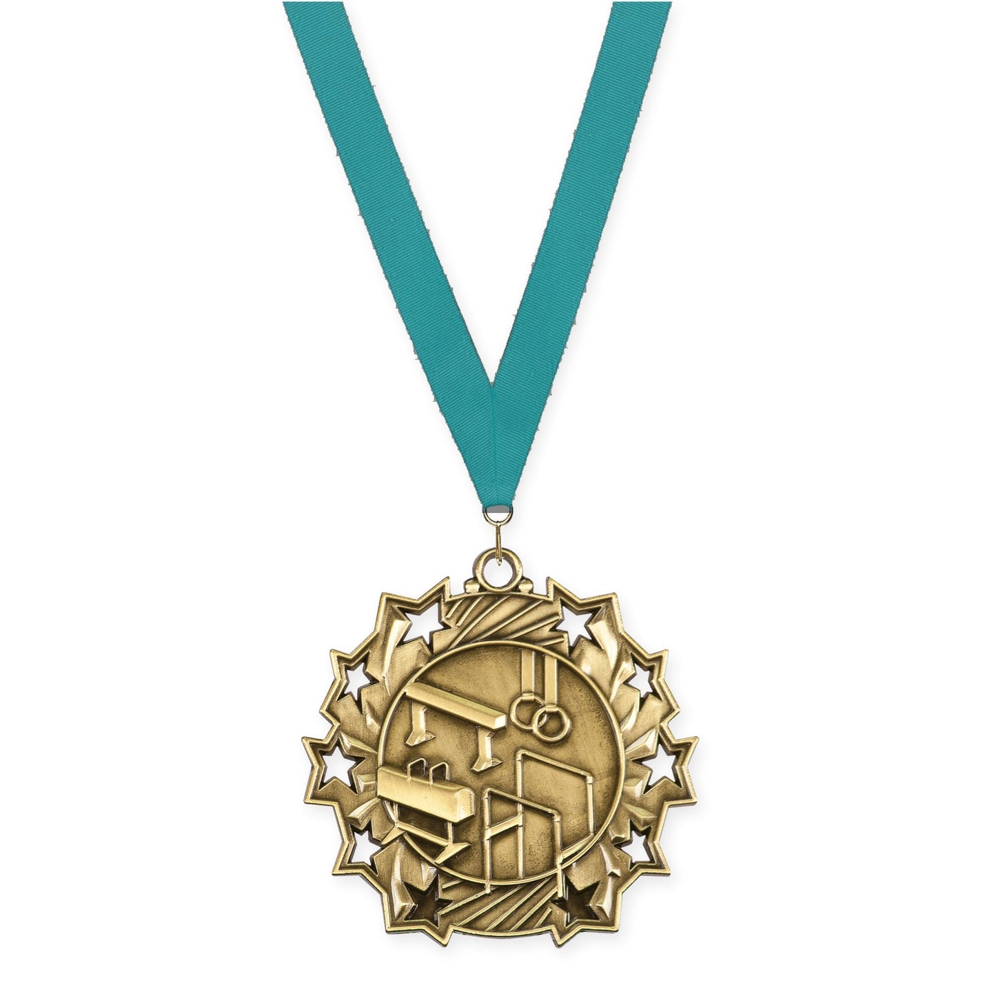 2 1/4 inch gymnastics Ten Star medal in antique gold with Teal neck ribbon