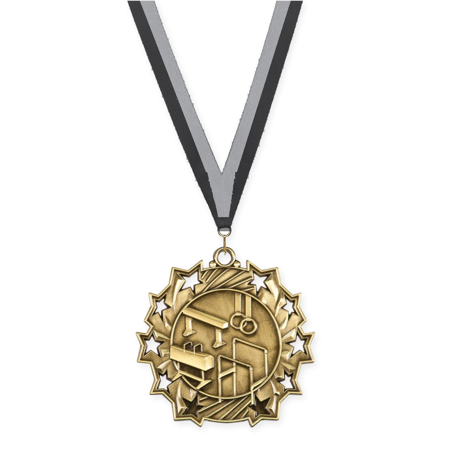 2 1/4 inch gymnastics Ten Star medal in antique gold with Black Gray neck ribbon