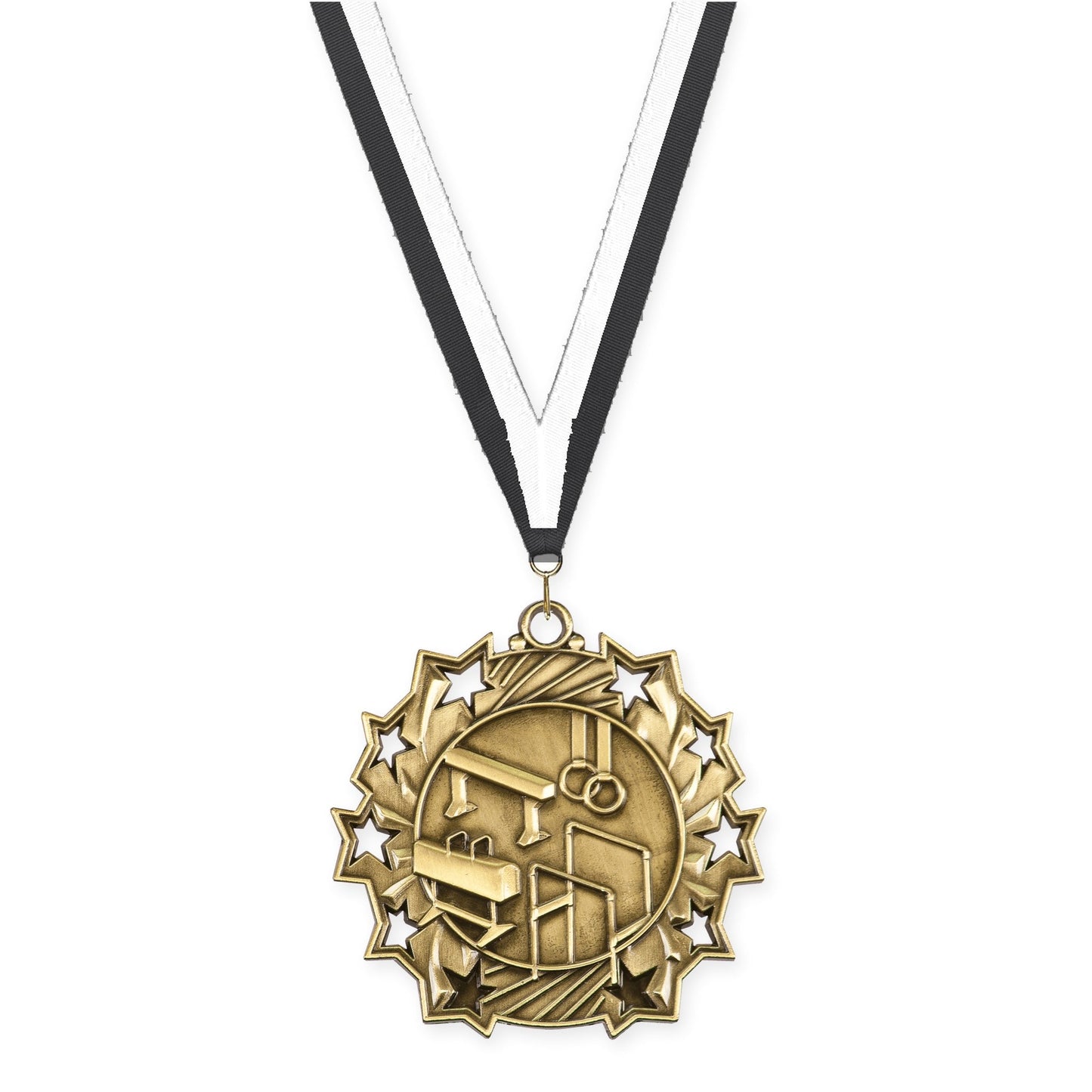 2 1/4 inch gymnastics Ten Star medal in antique gold with Black White neck ribbon