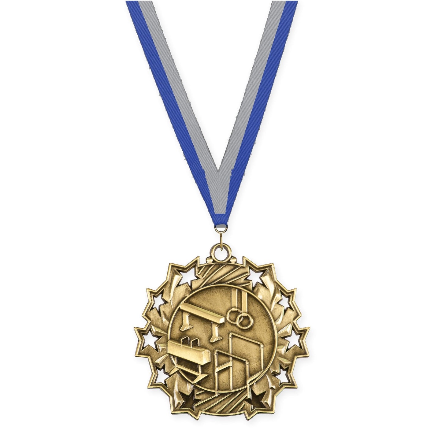 2 1/4 inch gymnastics Ten Star medal in antique gold with Blue Gray neck ribbon