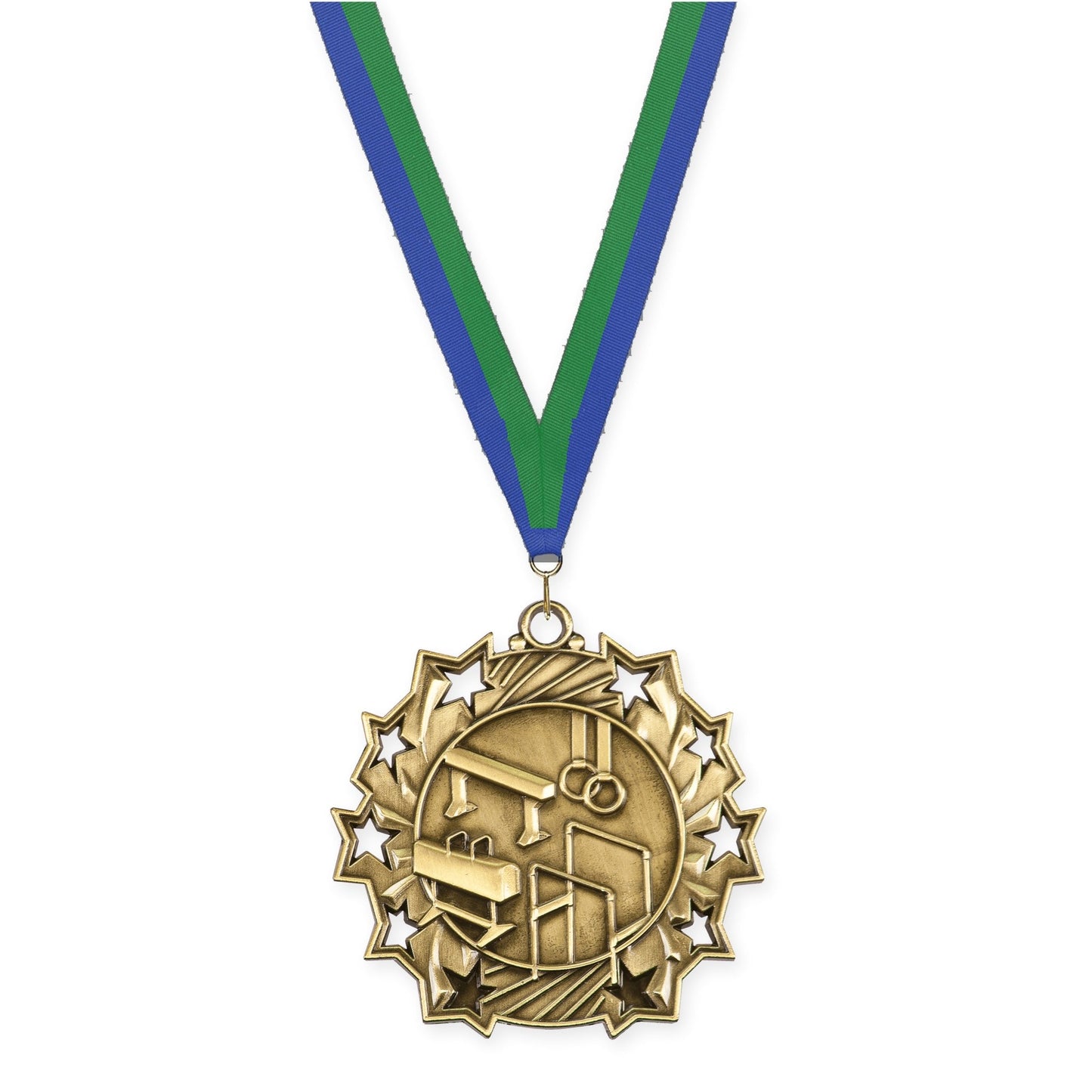 2 1/4 inch gymnastics Ten Star medal in antique gold with Blue Green neck ribbon