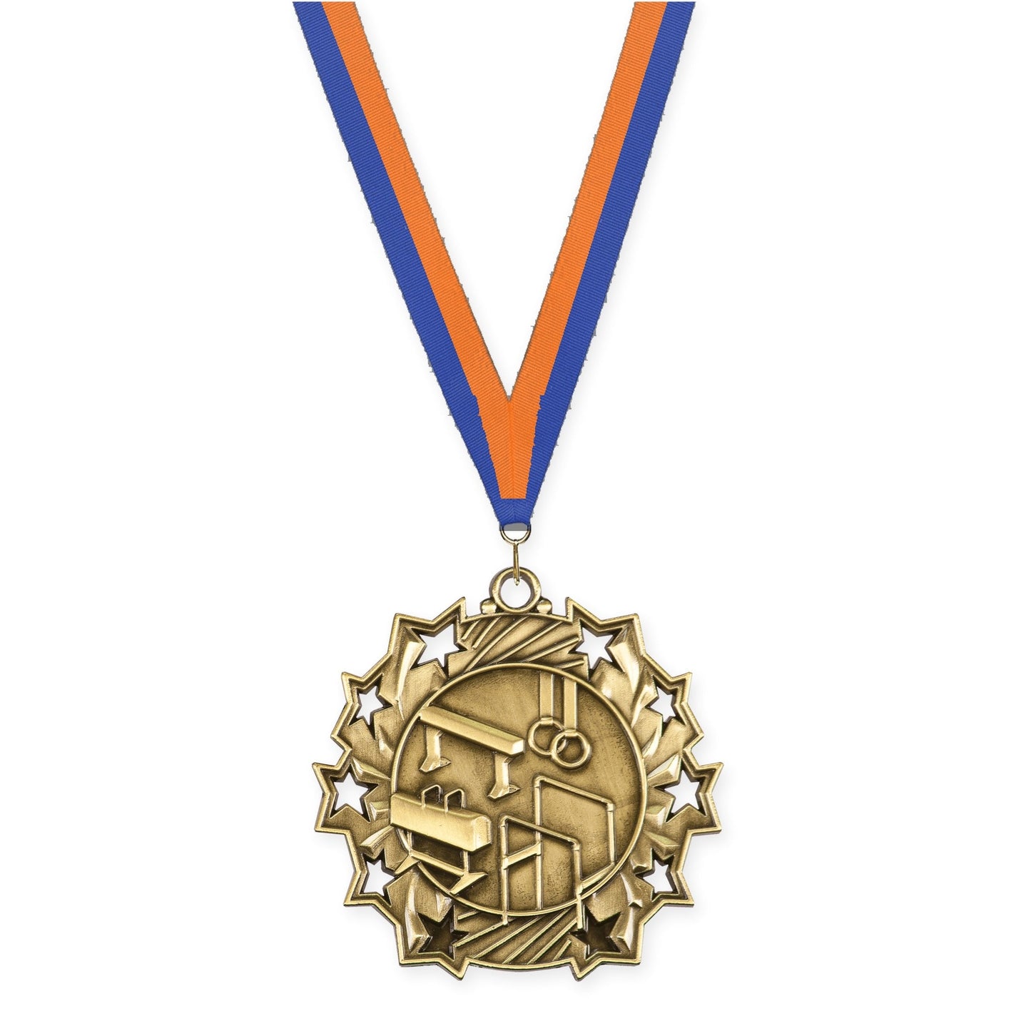 2 1/4 inch gymnastics Ten Star medal in antique gold with Blue Orange neck ribbon