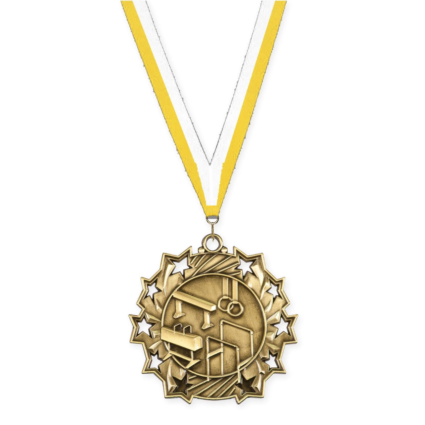 2 1/4 inch gymnastics Ten Star medal in antique gold with Yellow White neck ribbon