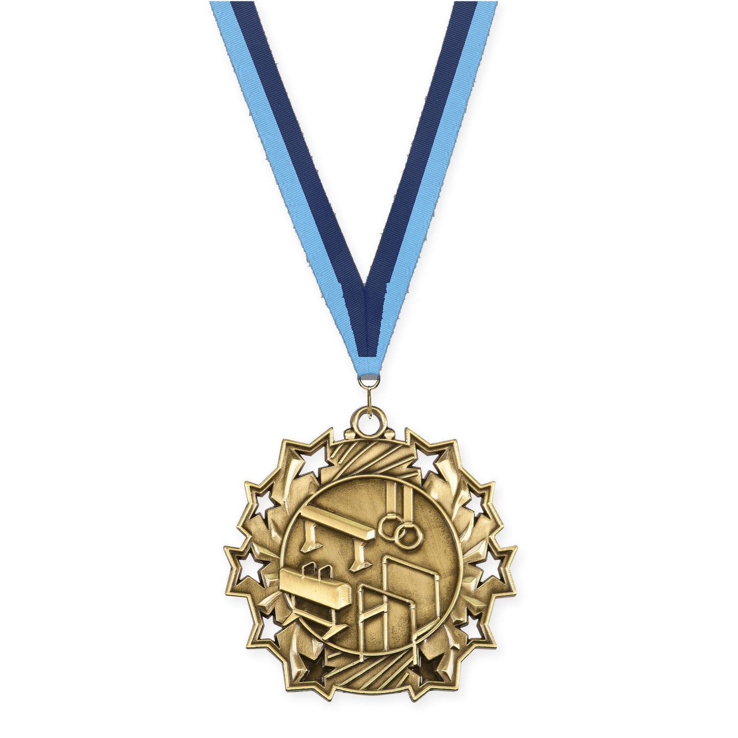 2 1/4 inch gymnastics Ten Star medal in antique gold with Light Blue Navy neck ribbon