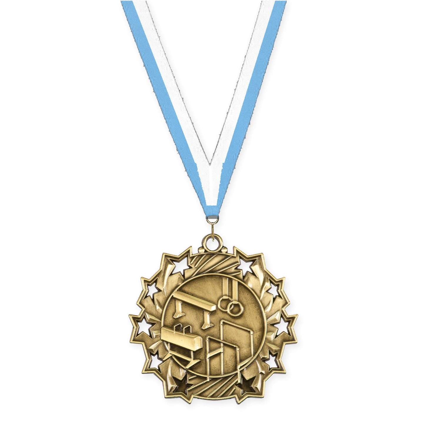 2 1/4 inch gymnastics Ten Star medal in antique gold with Light Blue White neck ribbon